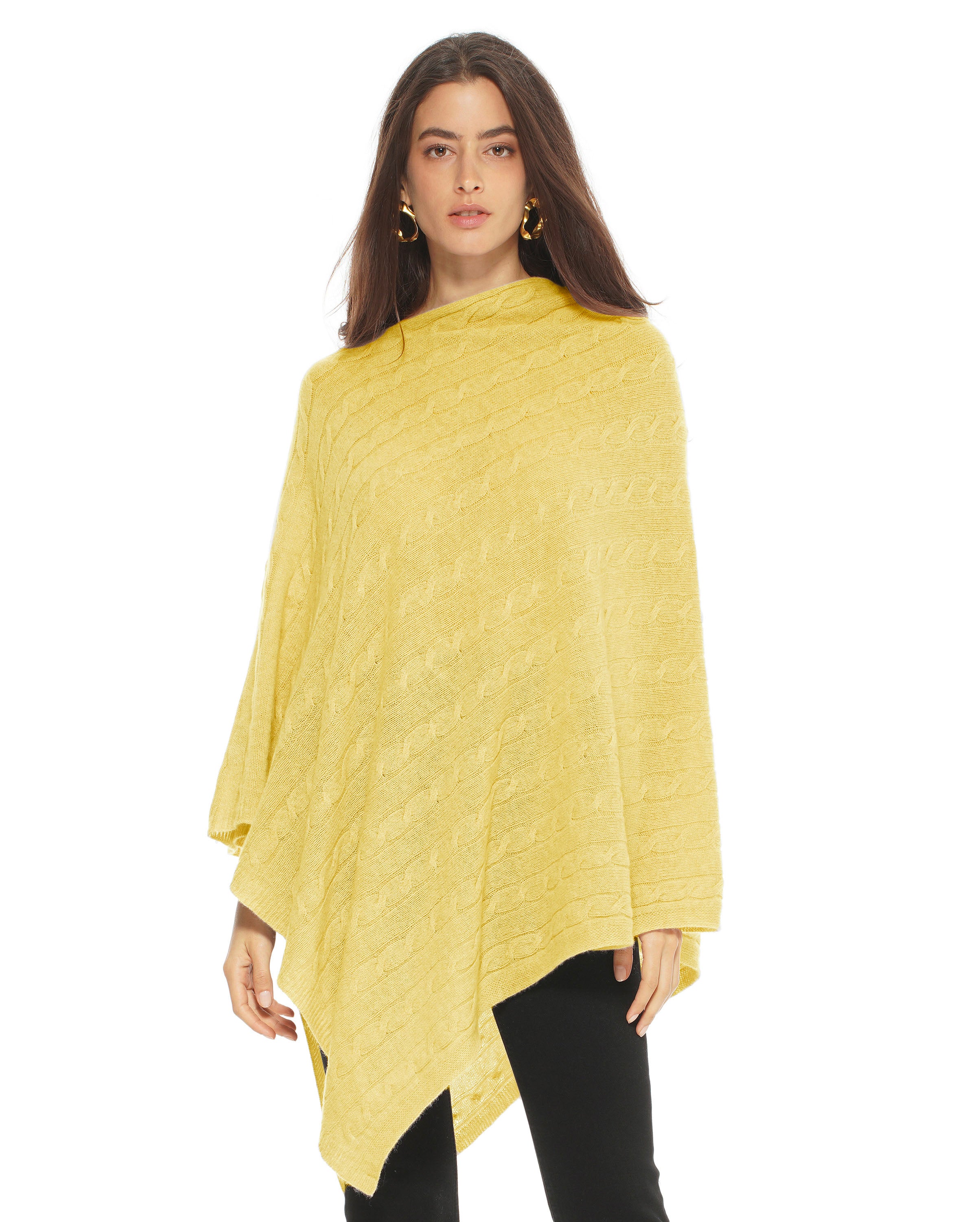Women's Pure Cashmere Cable Knit Poncho - Soft Winter Shawl Wrap in Lemon Yellow | Cozy Outerwear for Fall & Winter Fashion