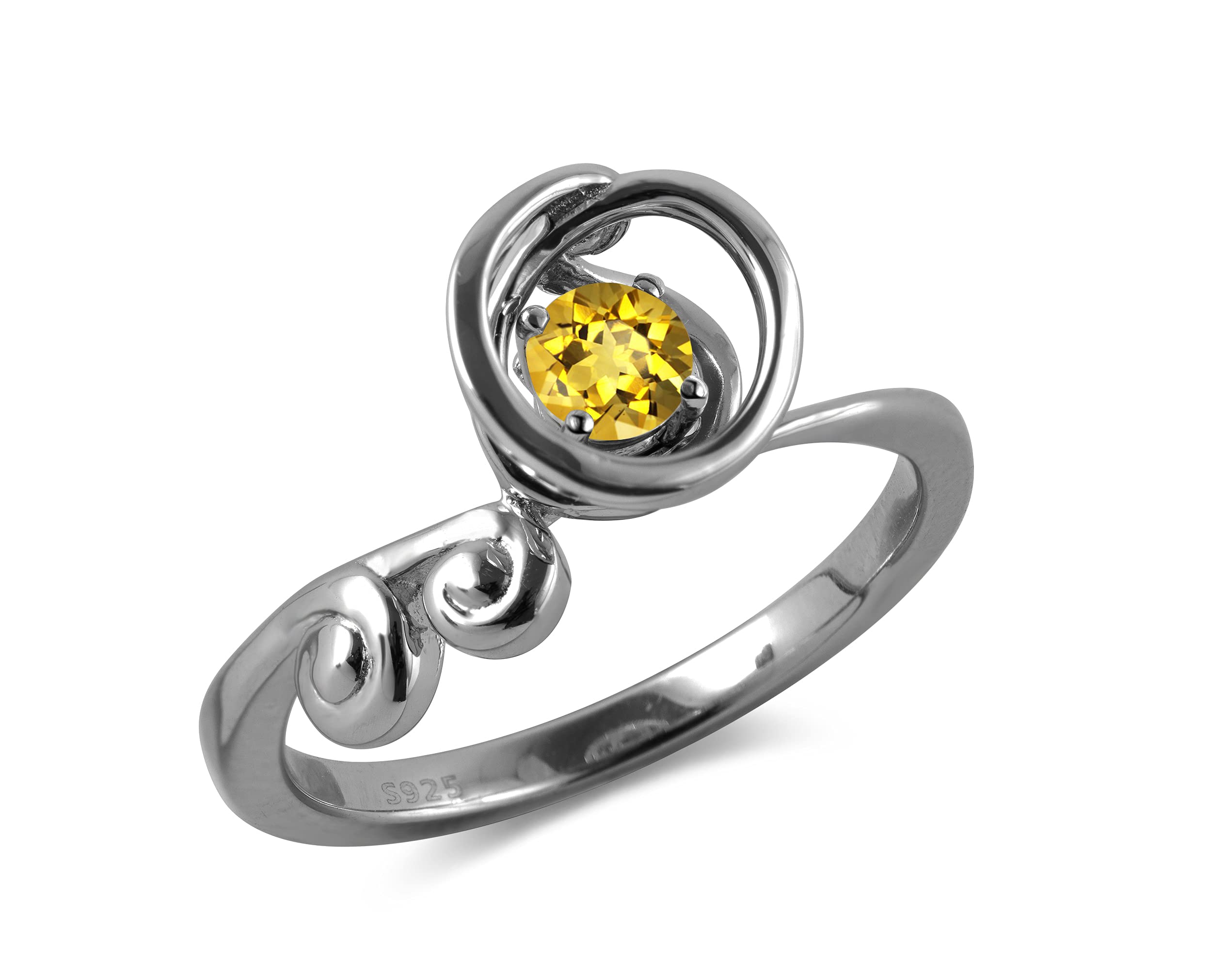Dainty Citrine Black Ring - Minimalist Yellow Gemstone November Birthstone Ring for Women | Solitaire Circle Simple Wave Design | Perfect for Everyday Wear, Gift Giving & Special Occasions