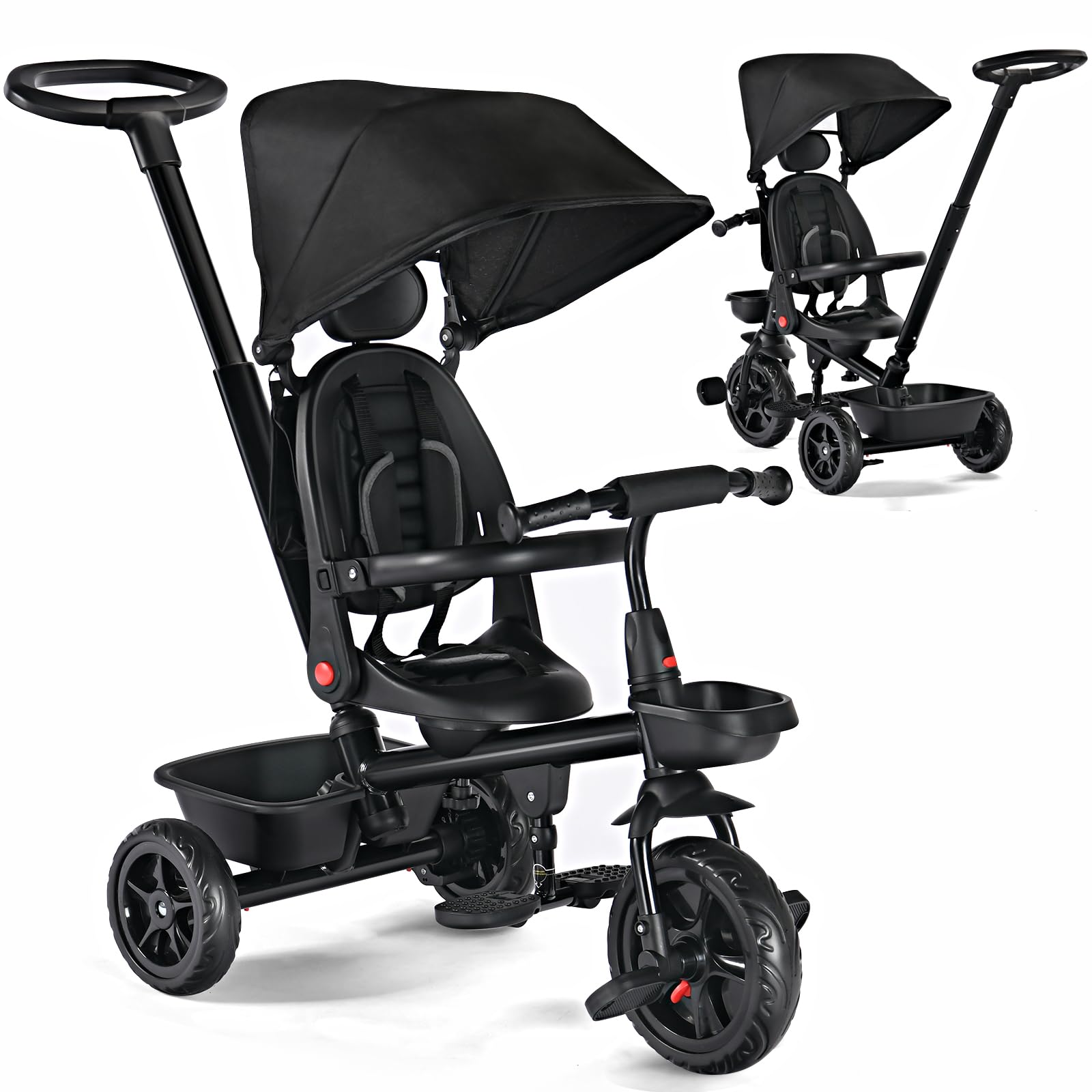 **6-in-1 Kids Tricycle with Removable Canopy & Push Handle – Adjustable Toddler Bike for Boys & Girls 12-60 Months – 360° Swivel Seat, Folding Pedals, EVA Wheels & Storage Basket – Perfect for Outdoor Play, Park Rides & Learning Balance (Black)**
