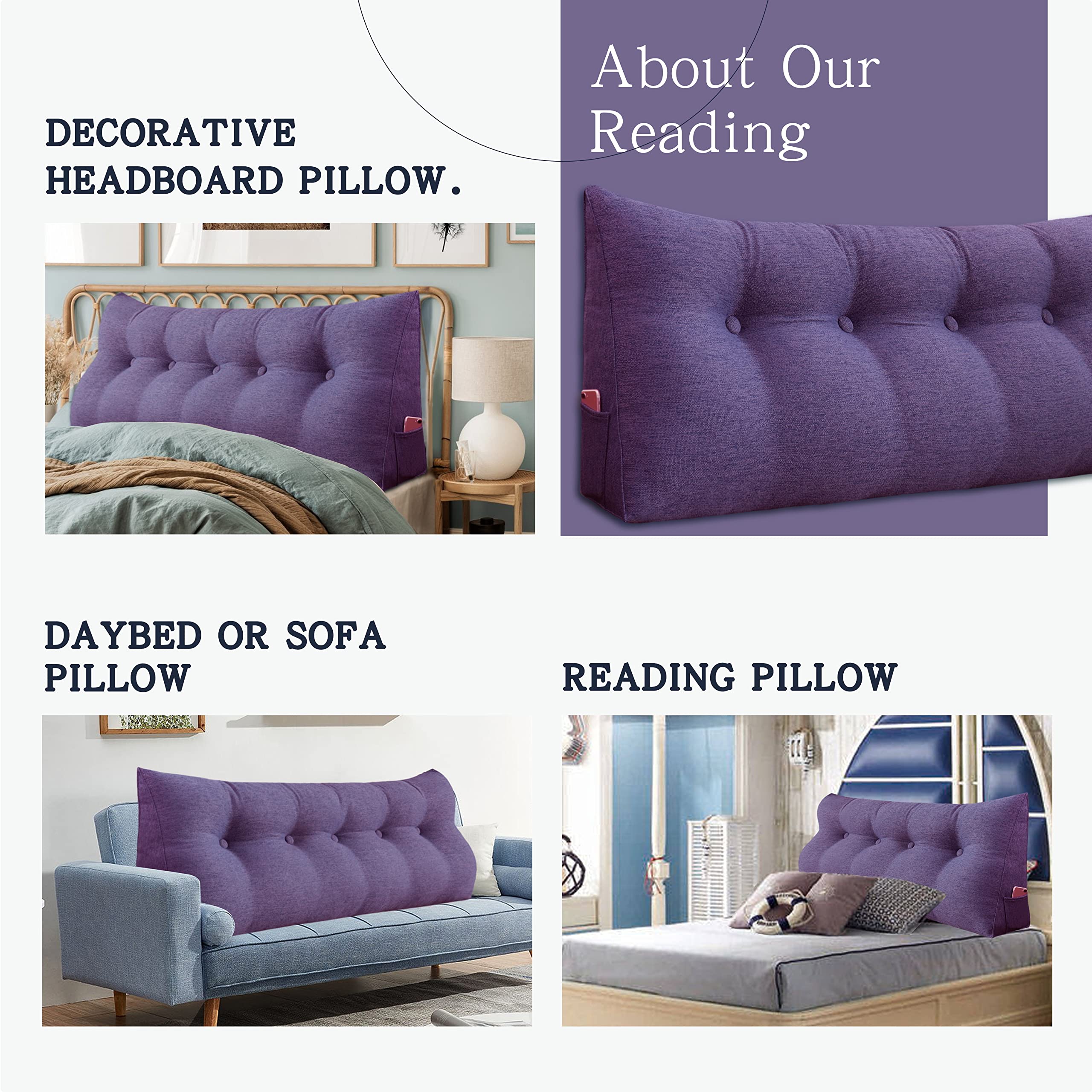 Triangular Headboard Wedge Pillow - Upholstered Linen Back Cushion for Daybeds, Reading & Lumbar Support - Light Purple Full Size | Perfect for Bed Rest, Gap Filling & Back Positioning