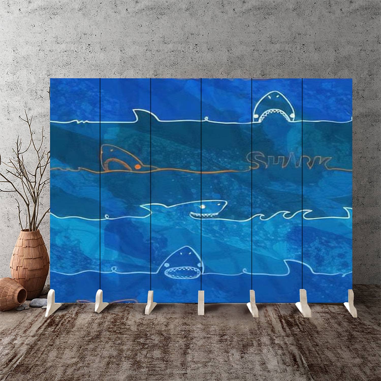 6-Panel Canvas Room Divider Screen - Abstract Shark Pattern Underwater Life Design in Grunge Blue | Folding Privacy Partition for Home, Office & Events | Perfect for Room Separation, Decoration & Space Organization