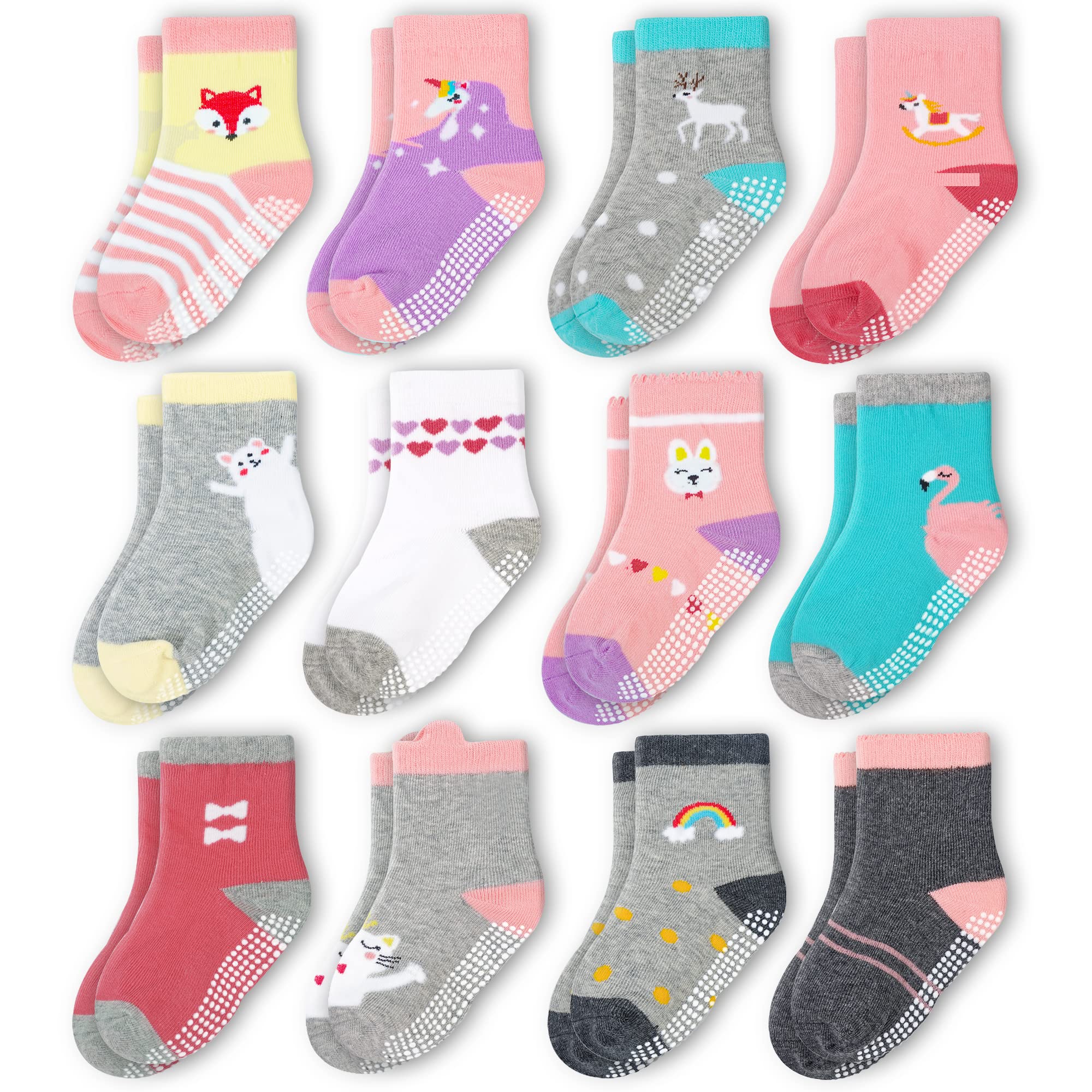 Evercute Non-Slip Grip Socks for Toddlers - 12 Pack Baby Boys & Girls Anti-Skid Socks - Perfect for Playtime, Daycare & Hardwood Floors