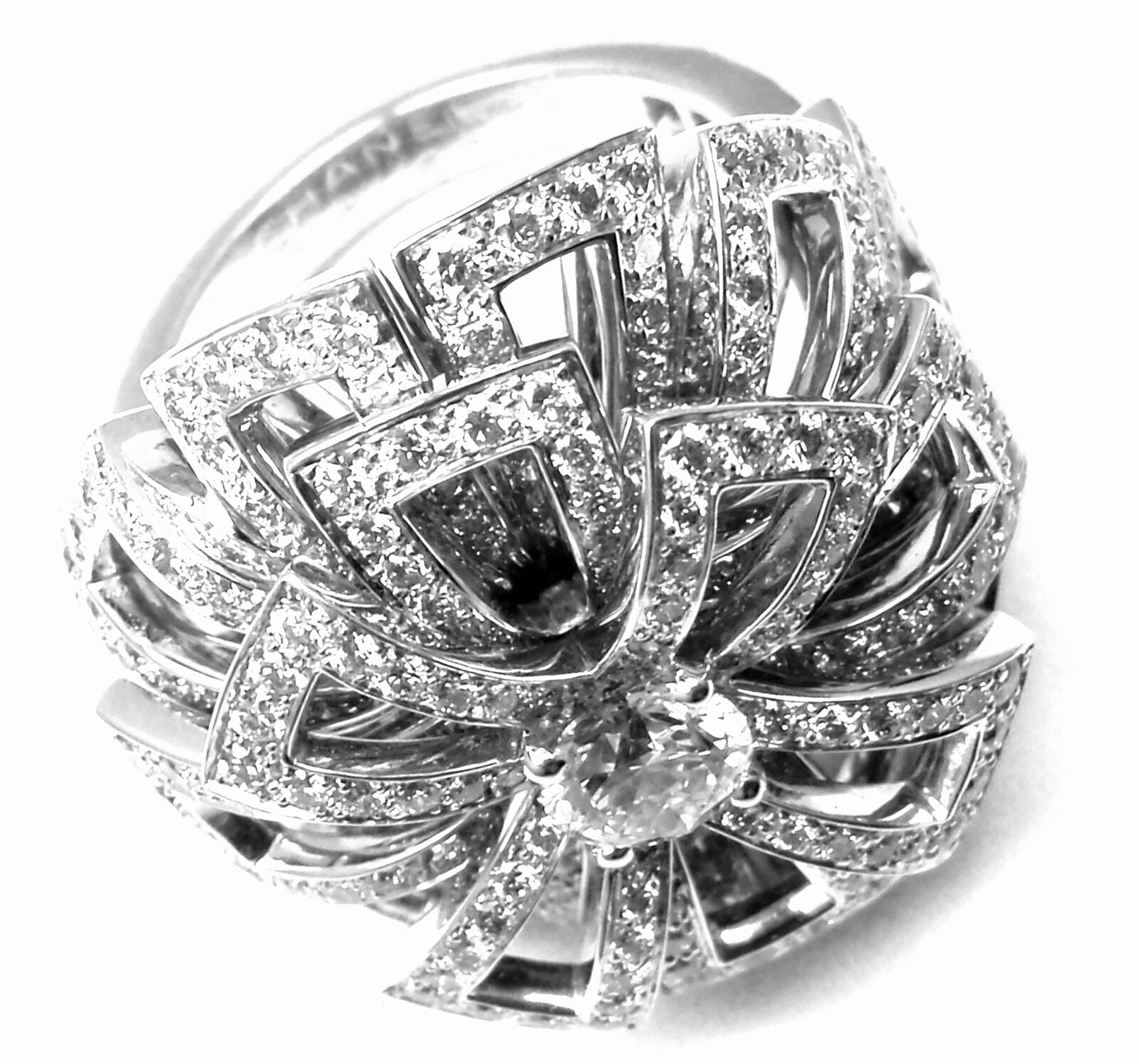 Authentic Chanel Flower 18k White Gold Diamond Ring for Women - Luxury Vintage Jewelry Gift for Anniversary, Valentine's Day & Special Occasions