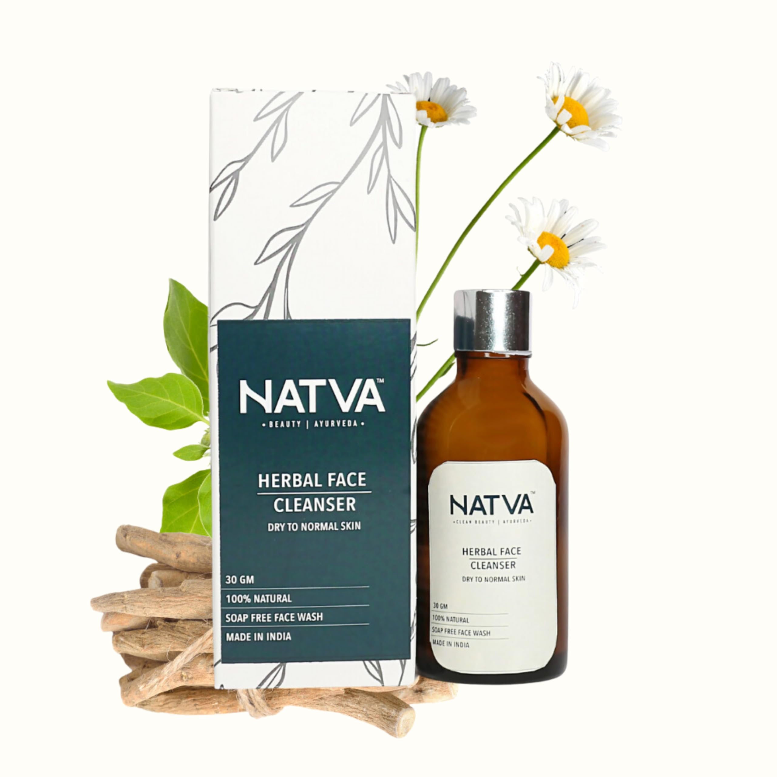 NATVA Soap Free Face Cleanser for Dry Skin - 30gm | Natural Face Wash with Chamomile & Hibiscus | Gentle Daily Cleanser for Men & Women | 100% Natural Ingredients | Perfect for Sensitive Skin & Morning/Night Routine