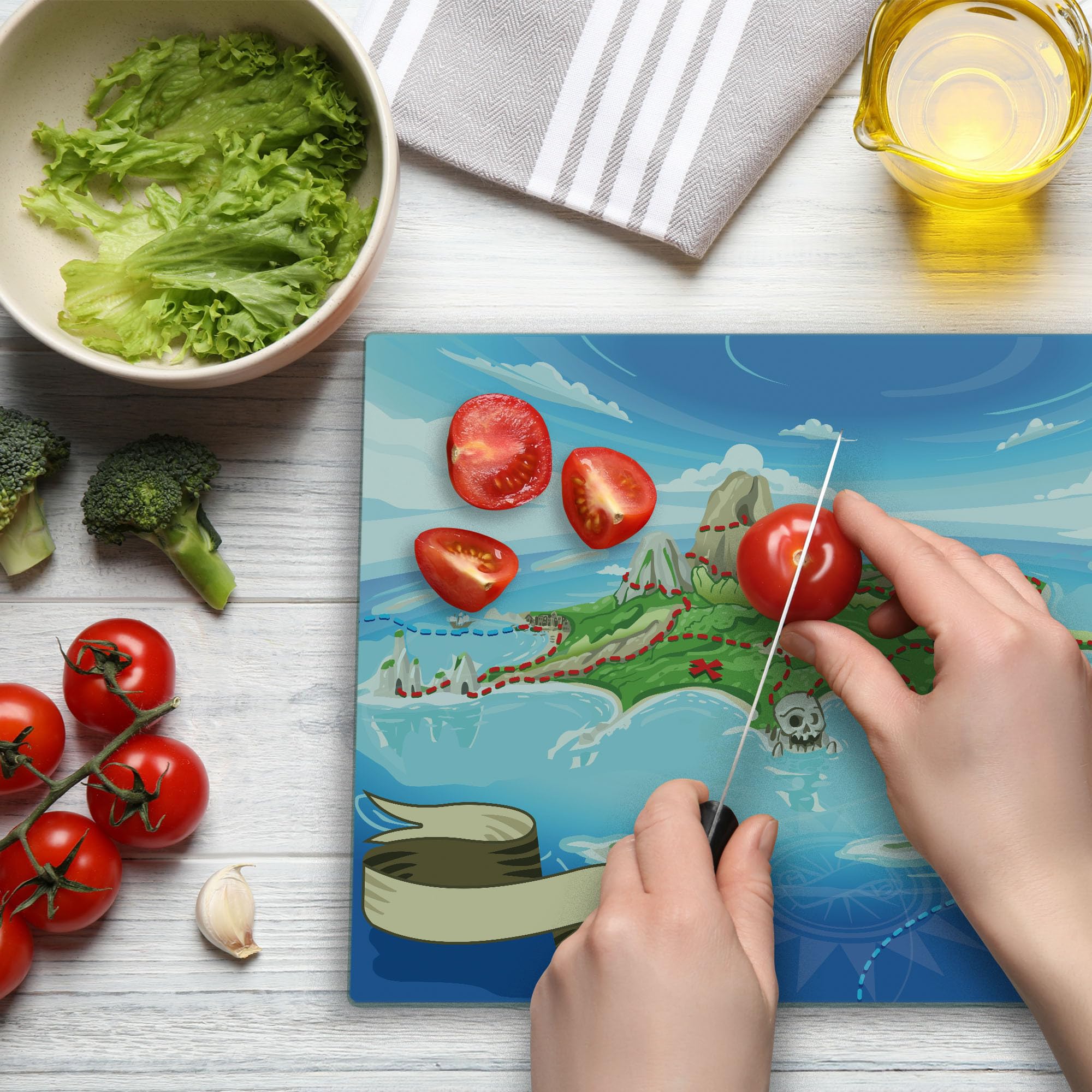 Ambesonne Pirate Island Map Cutting Board - Large Tempered Glass Serving Board with Aerial View of Fantasy Cove, Skull & Crossbones - Decorative Kitchen Accessory for Cooking, Entertaining & Gifts