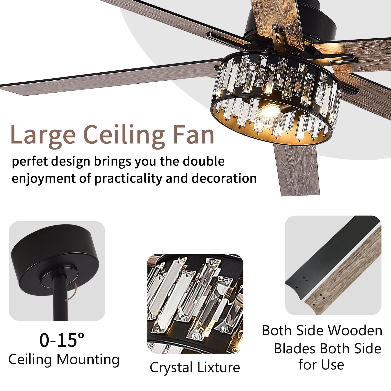72 Inch Black Ceiling Fan with Lights and Remote Control - Modern DC Motor 6 Speed Settings, 6 Wood Blades, Crystal Light Kit - Large Indoor/Outdoor Fan for Patio, Living Room, Bedroom, Office - Energy Efficient Cooling & Stylish Lighting Solution