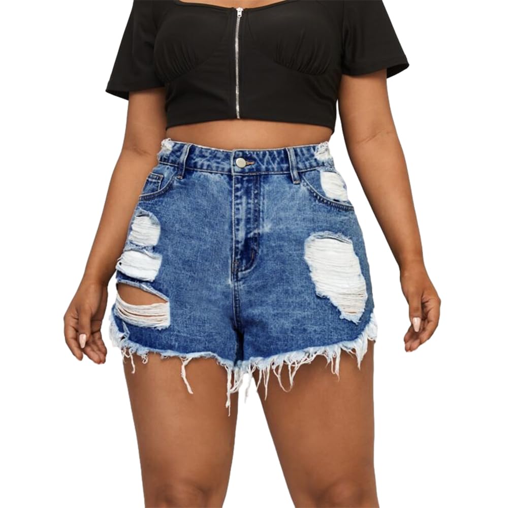 MapleHub Plus Size Denim Shorts for Women - High Waisted Ripped Distressed Jean Shorts with Folded Hem | Comfortable Summer Casual Wear, Beach Outfits & Street Style Fashion