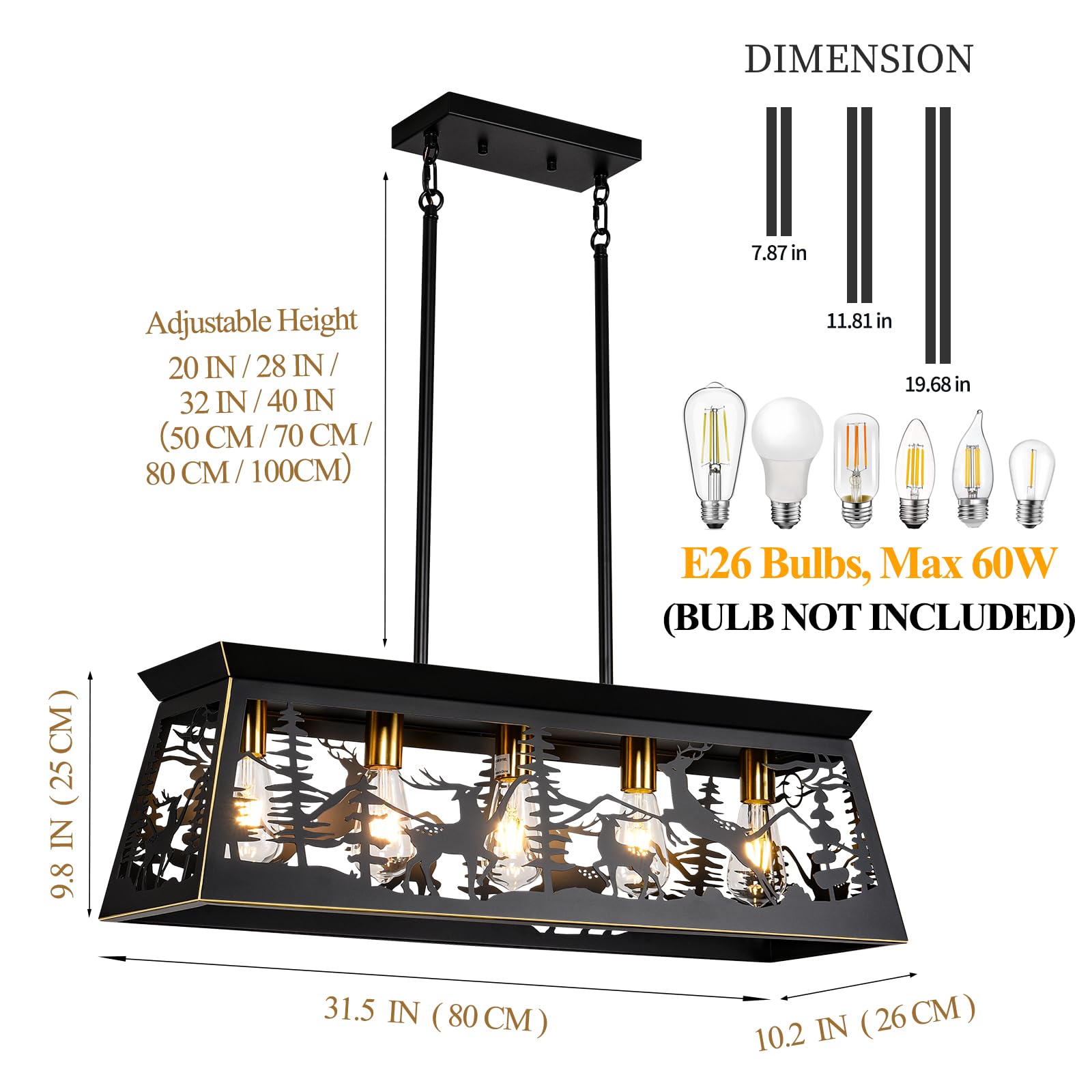 32-Inch Black Rustic Farmhouse Chandelier - 5-Light Kitchen Island Lighting, Deer Design Dining Room Fixture for Rustic Decor, Perfect Over Tables in Dining Rooms and Kitchens