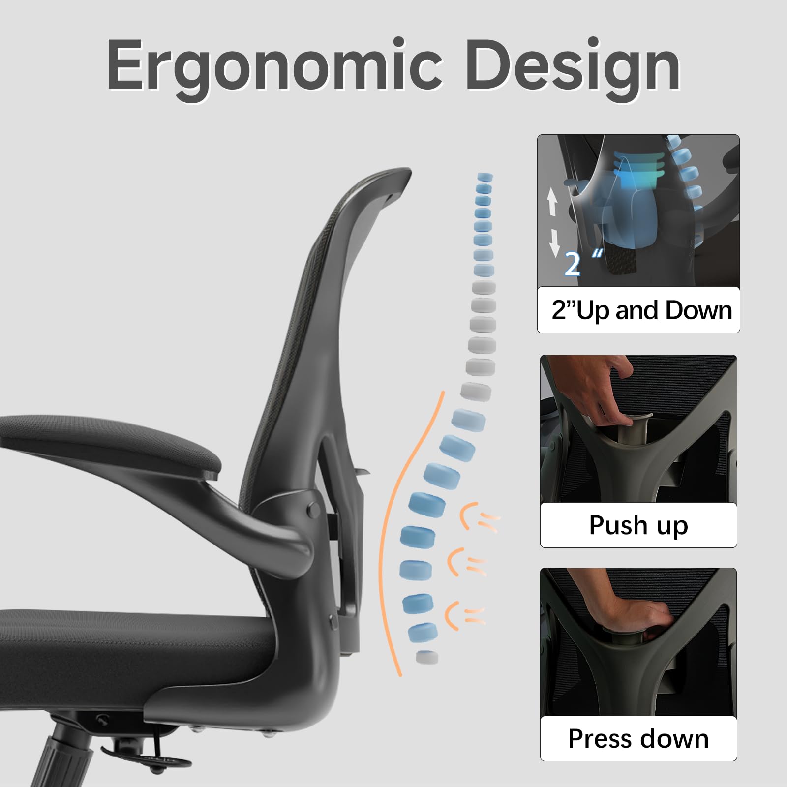 Ergonomic Office Chair with Adjustable Flip-Up Armrests & Lumbar Support - Thickened Cushion Desk Chair with Wheels, Home Office Computer Chair for Back Pain Relief (Black) - Perfect for Long Hours Sitting, Gaming & Remote Work
