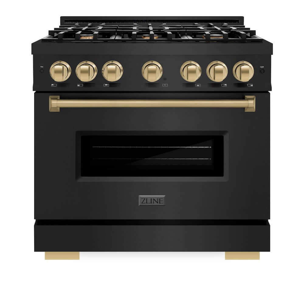 ZLINE Autograph Edition 36 Inch 5.2 Cu. Ft. Classic Gas Range - 6 Burner Cooktop with Convection Gas Oven in Black Stainless Steel & Champagne Bronze Accents (CGRBZ 36 CB) - Perfect for Professional Home Chefs & Modern Kitchen Upgrades