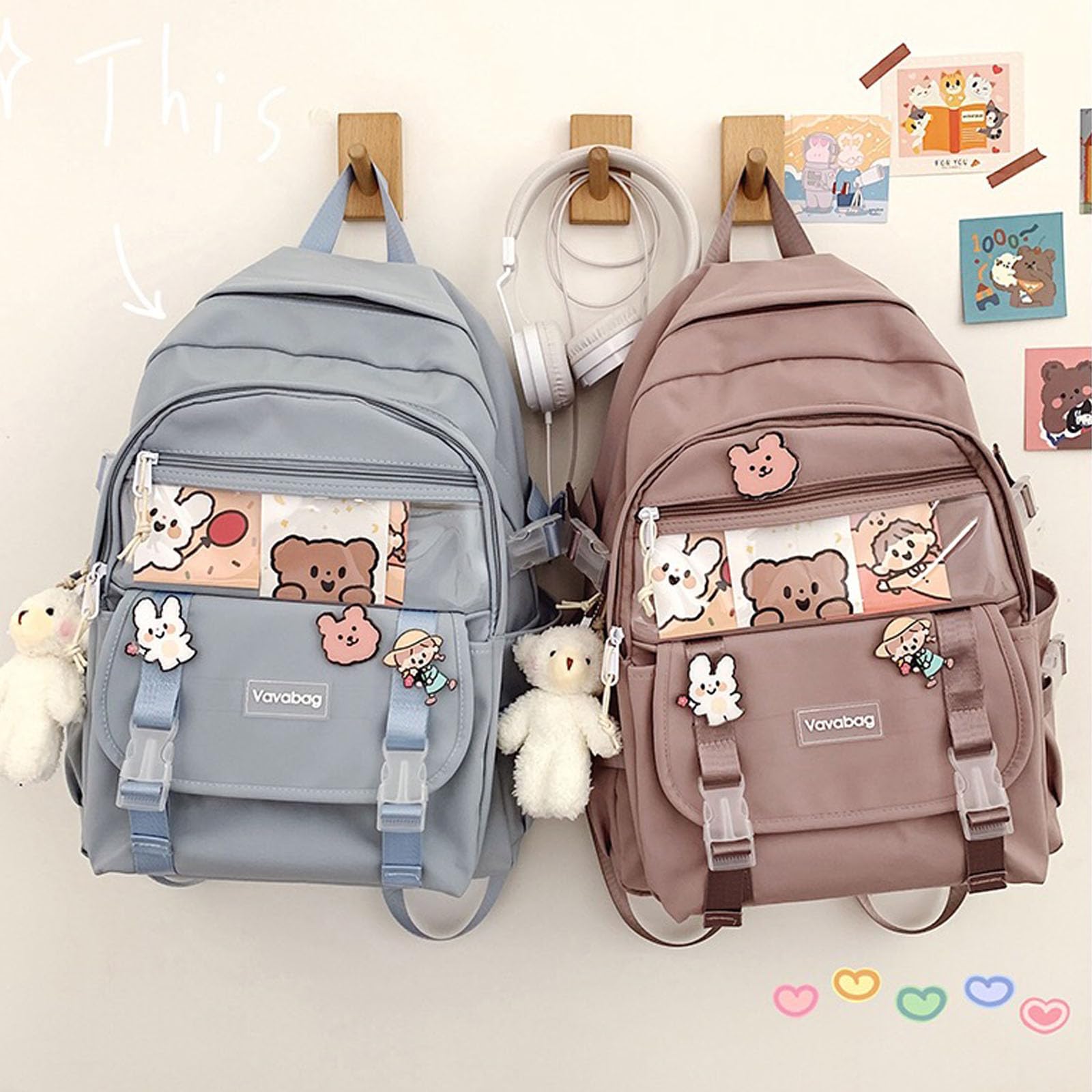Kawaii Cute Backpack for School with Accessories - Blue Aesthetic School Supplies for Girls & Teens