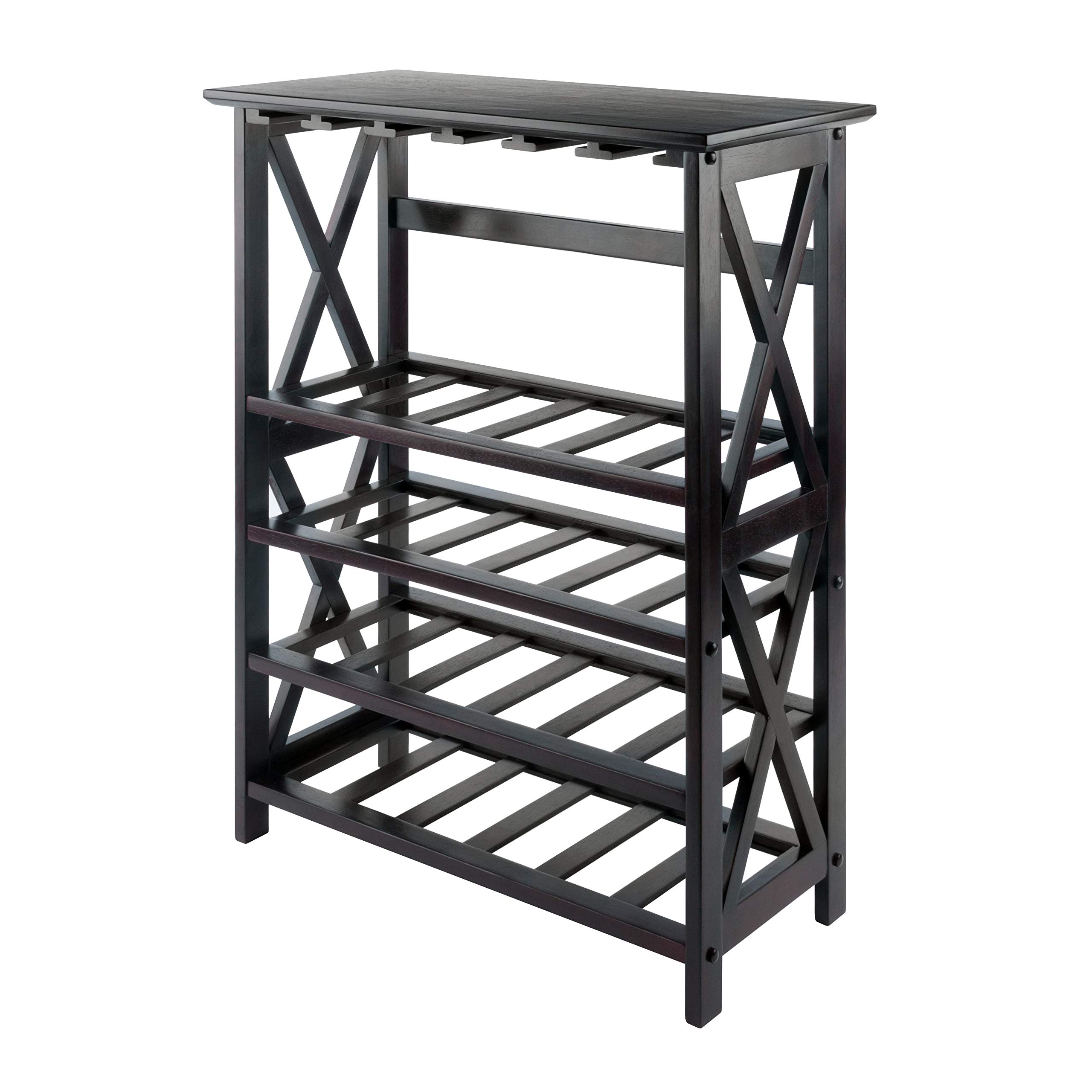 Ergode Newport Expandable Wine Bar Countertop with Hanging Glass Rack - Solid Wood Walnut Finish, 9-Bottle Storage, Drawer & Open Shelf - Perfect for Kitchen, Dining Room or Home Bar Decor (92432-VV)