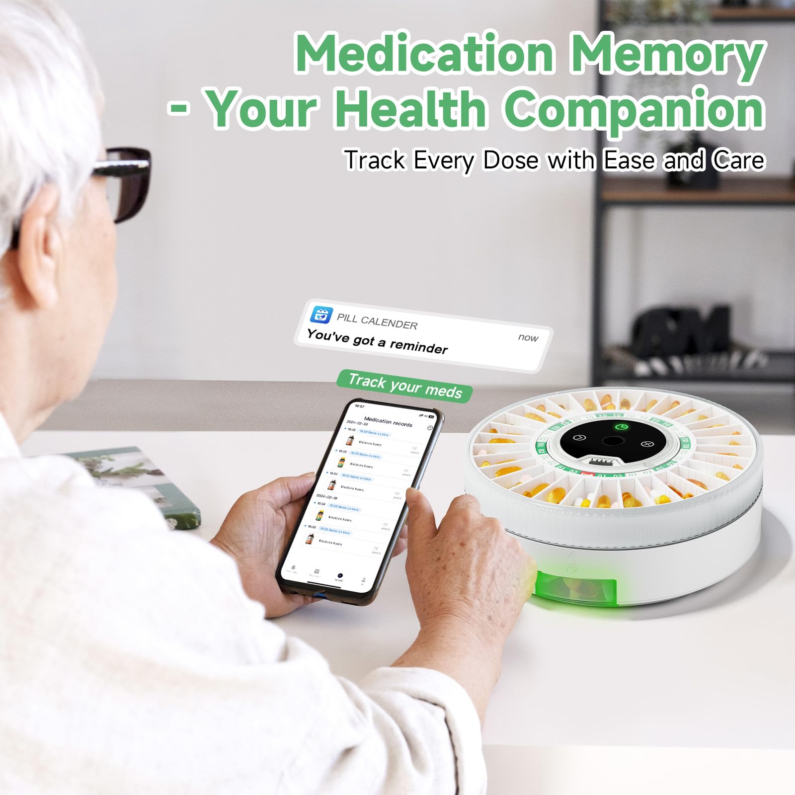 Zoksi Premium 31-Slot Automatic Pill Dispenser with Fingerprint & Key Lock - Smart Medication Organizer with Alarm & LED Light - Electronic Pill Box for Elderly & Memory Care - Perfect for Daily Medication Management & Travel (Green)
