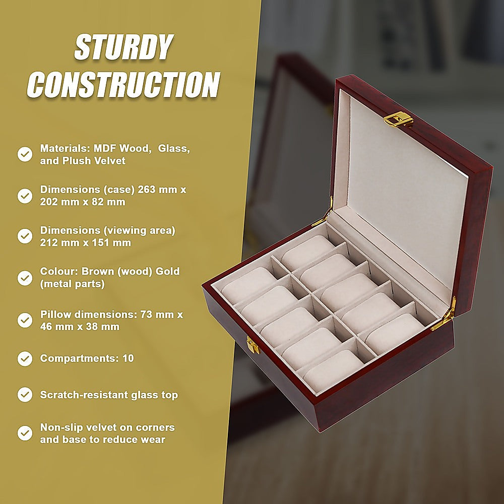 10-Slot Wooden Watch Display Case with Glass Top - Jewelry Storage Box for Watches, Rings, Necklaces - Perfect for Home, Office, and Retail Store Display