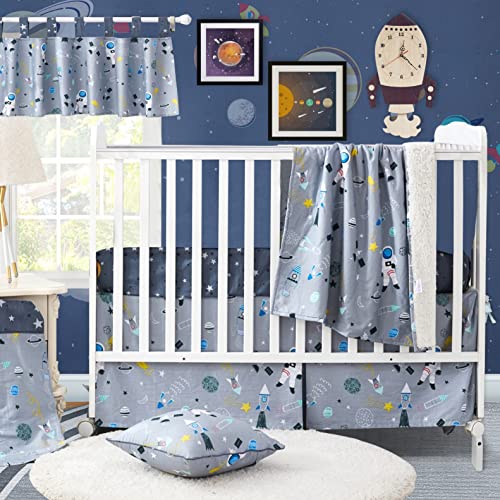Brandream Space Crib Bedding Set for Boys - 3 Piece Nursery Set with Rocket & Galaxy Design | Includes Astronaut Crib Blanket, Star Print Fitted Sheet & Gray Crib Skirt | Perfect for Space-Themed Baby Rooms & Nursery Decor
