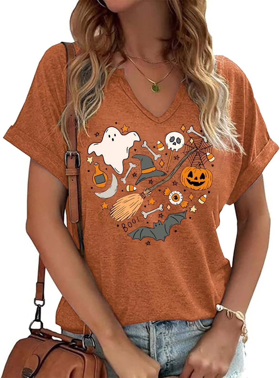 Women's Halloween Graphic T-Shirt - Vintage Pumpkin Doodle Print V-Neck Tee for Fall, Thanksgiving & Halloween Party Outfits | Cute Casual Wear for Pumpkin Patch, Trick or Treat & Autumn Festivals
