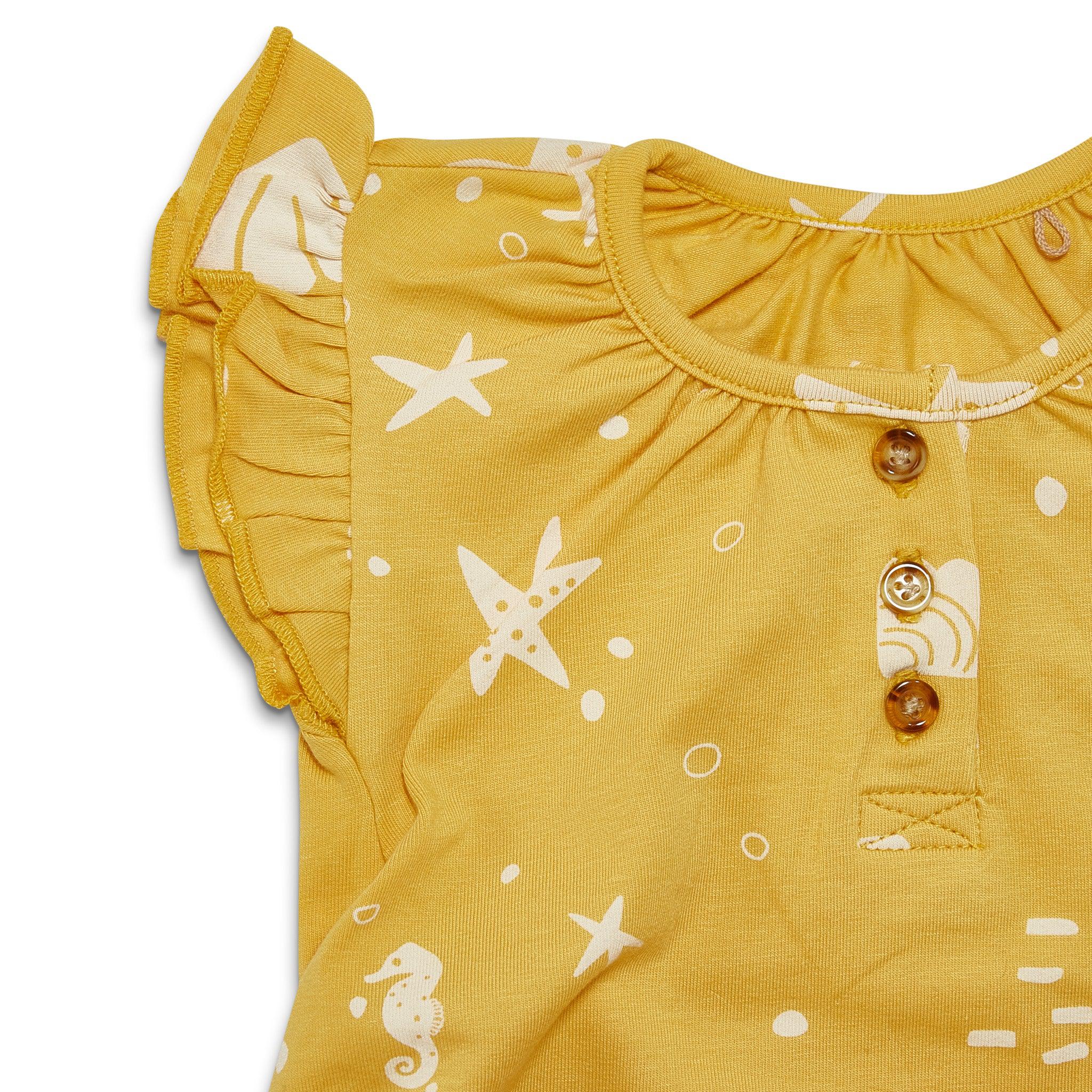 Organic Flutter Sleeve Button Romper - Sunny Yellow Seashells Print | Baby Girls' Summer Outfit for Beach, Park & Photoshoots