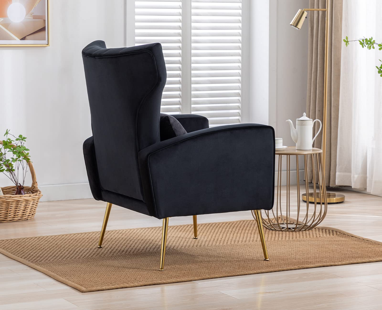 Kmax Velvet Accent Chair - Mid-Century Modern Armchair with Gold Metal Legs & Wingback Design, Includes Soft Pillow (Set of 2, Black) - Perfect for Bedroom Seating, Living Room Decor, Vanity Area & Cozy Reading Nook
