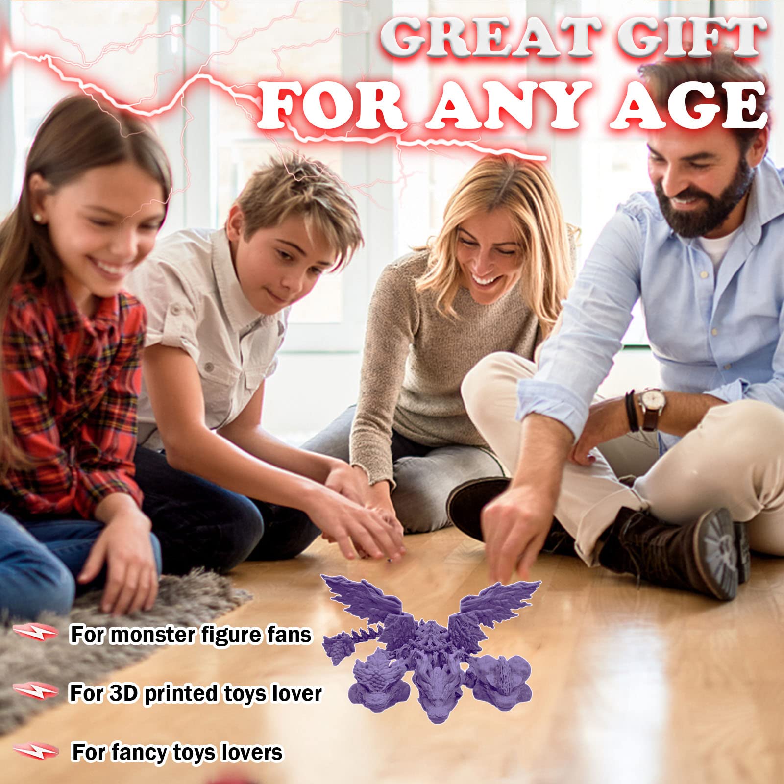 3D Printed Articulated Three-Headed Dragon Toy - Ancient Mythical Beast Collectible Figure with Poseable Joints, Anti-Stress Fidget Toy for Adults (15.7 Inch Lucky Purple) | Perfect for Fantasy Decor, D&D Gaming, and Collector's Display