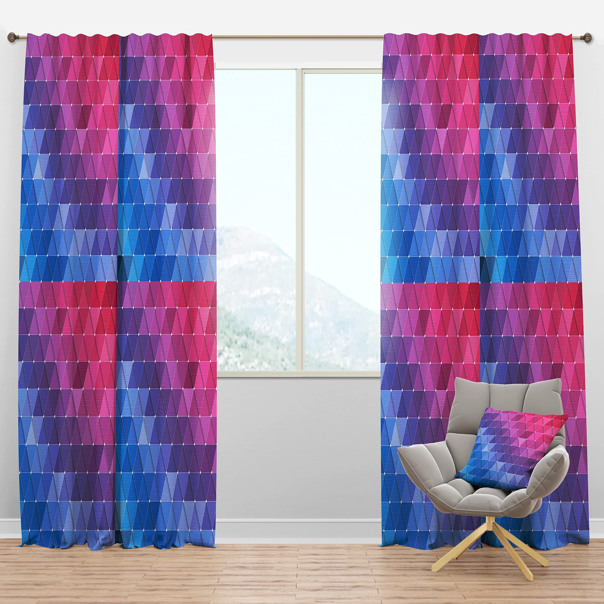 Blackout Curtains with Geometric Triangle Pattern in Blue, Purple & Pink - Thermal Insulated Room Darkening Drapes for Bedroom & Living Room (52x108, Single Panel) - Perfect for Shift Workers, Home Theaters & Light Sleepers