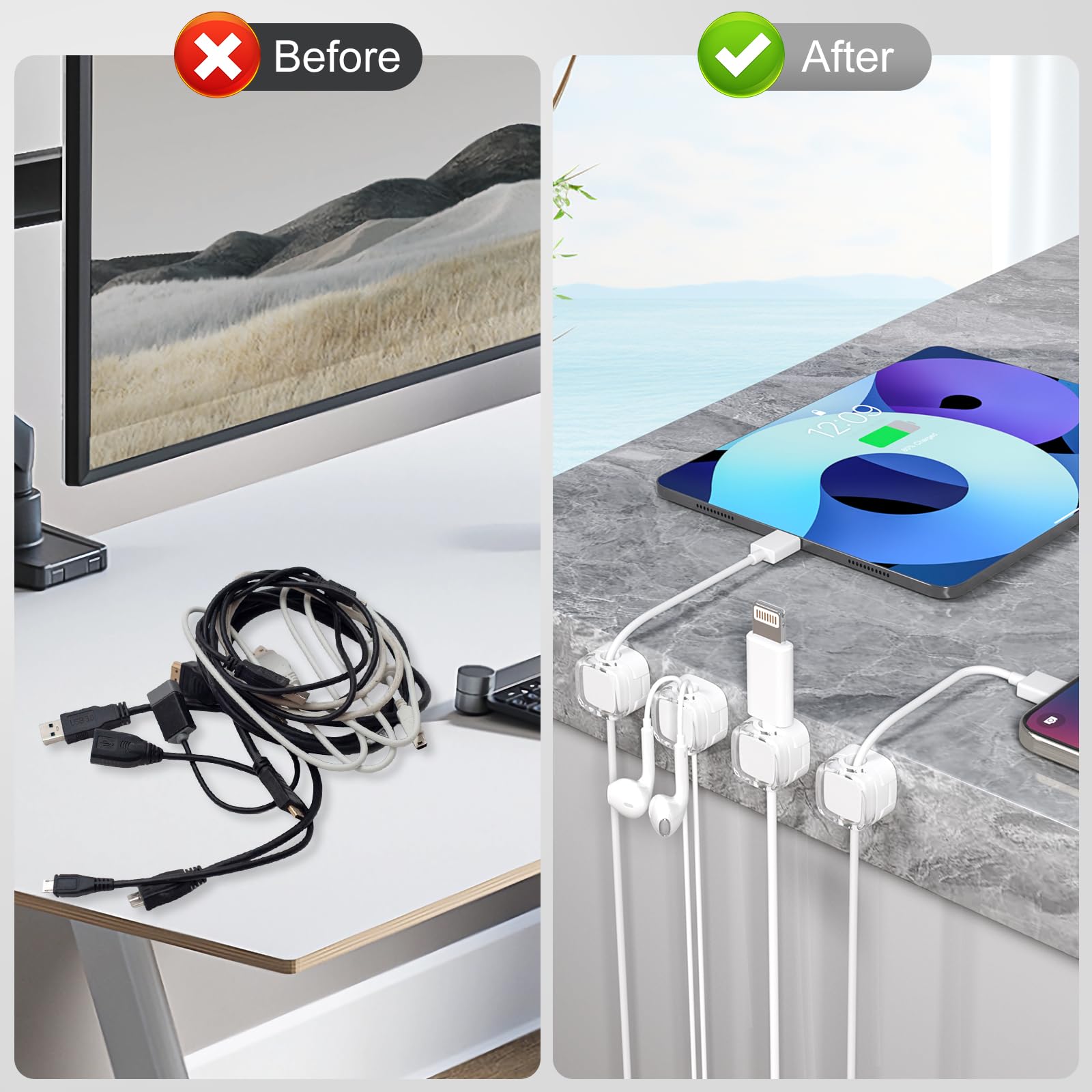 6 Pack Magnetic Cable Clips - Strong Adhesive Cord Organizer for Desk, Wall & Car - Under Desk Cable Management System - Perfect for Office, Home Kitchen & Nightstand - Keep Wires Tidy & Secure