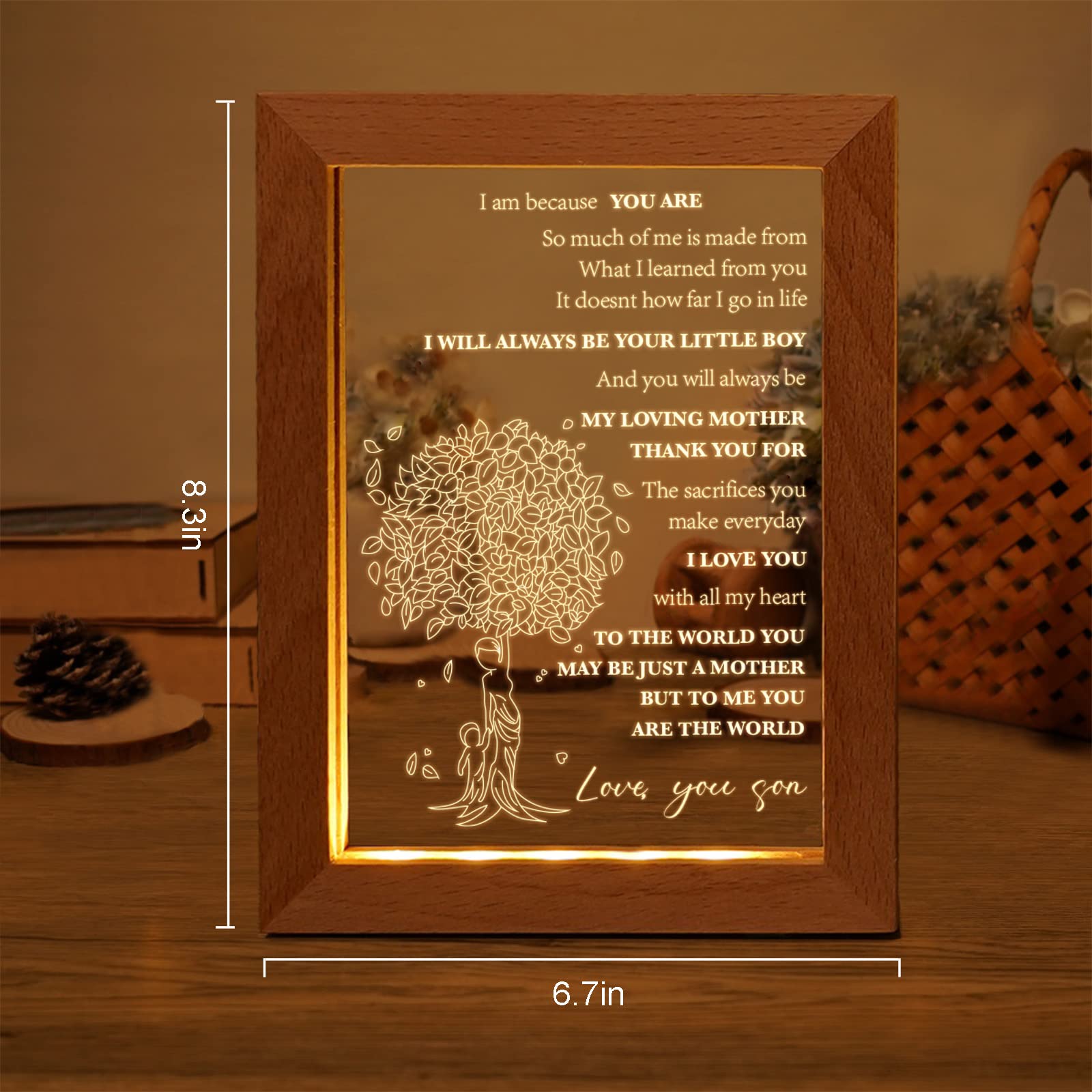 Personalized Acrylic Night Light - Custom Engraved Birthday Gift for Mom from Son, Thoughtful Mother's Day & Christmas Present, USB-Powered Low Energy Night Lamp (8.7