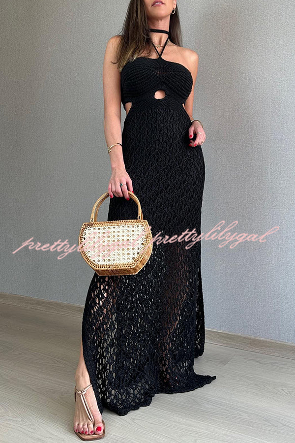 Elegant Sunset Beach Stroll Knit Texture Cutout Detail Halter Stretch Maxi Dress - Perfect for Summer Vacations, Beach Weddings & Boho Chic Outfits