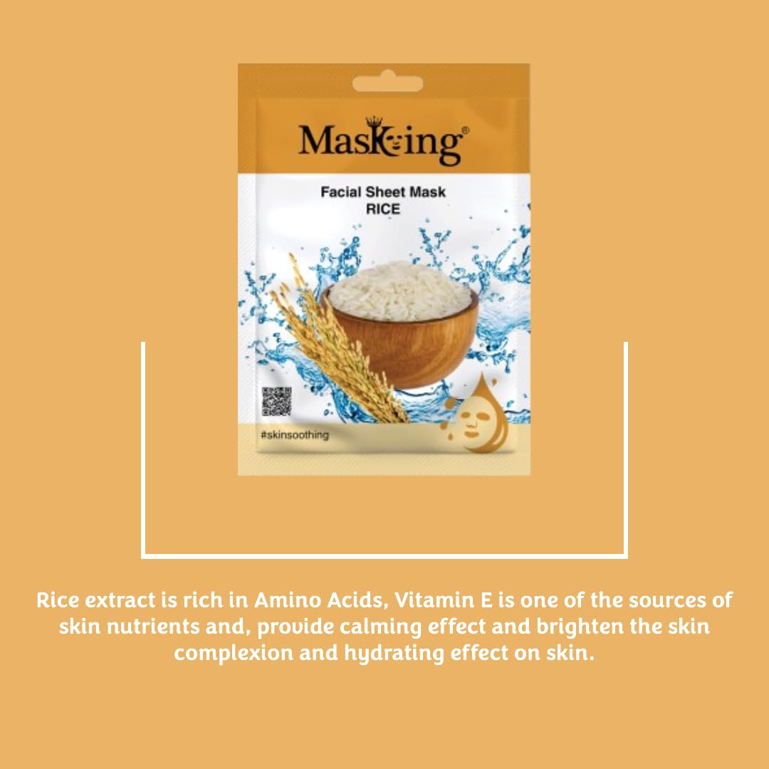 Rice Facial Sheet Mask - Skin Soothing, Lightening & Nourishing Serum for Women & Men | Natural Lyocell Face Mask Pack of 5 | Perfect for Daily Skincare, Spa Night & Travel