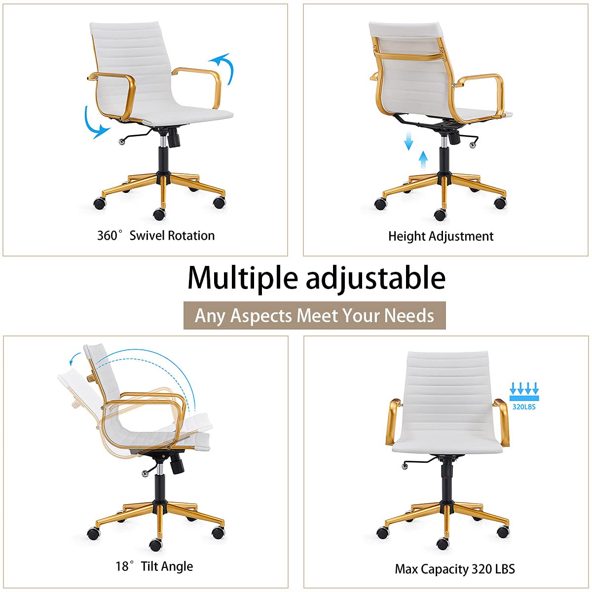 Premium Ergonomic Office Chair - Modern Leather Swivel Executive Desk Chair with Ribbed Design, Rolling Wheels for Home & Office - Perfect for Conference Rooms, Bedroom Workspaces & Task Chairs (White & Gold)