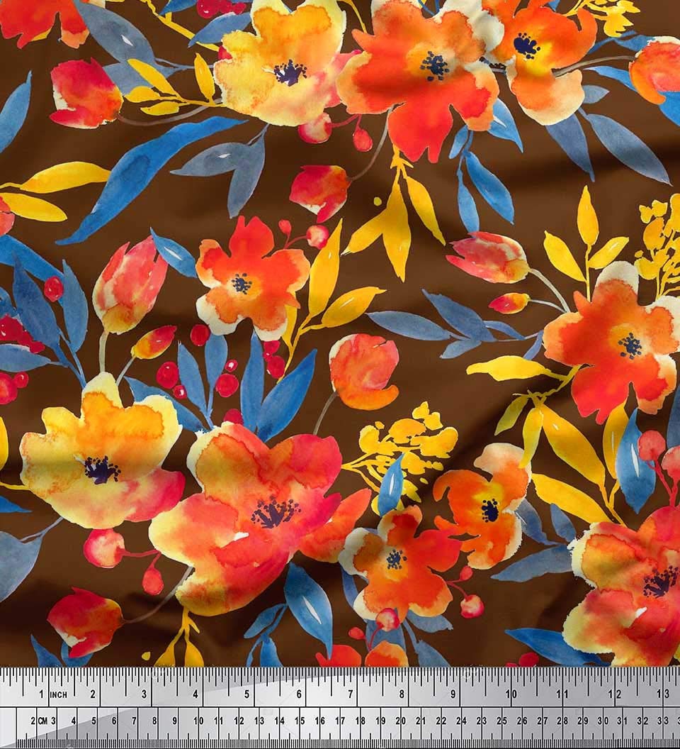 Soimoi Moss Georgette Brown Fabric by The Yard - 42 Inch Wide Printed Floral Fabric with Leaves Design - Nature-Inspired Elegant Fabric for Dresses, Blouses, Scarves & DIY Fashion Projects