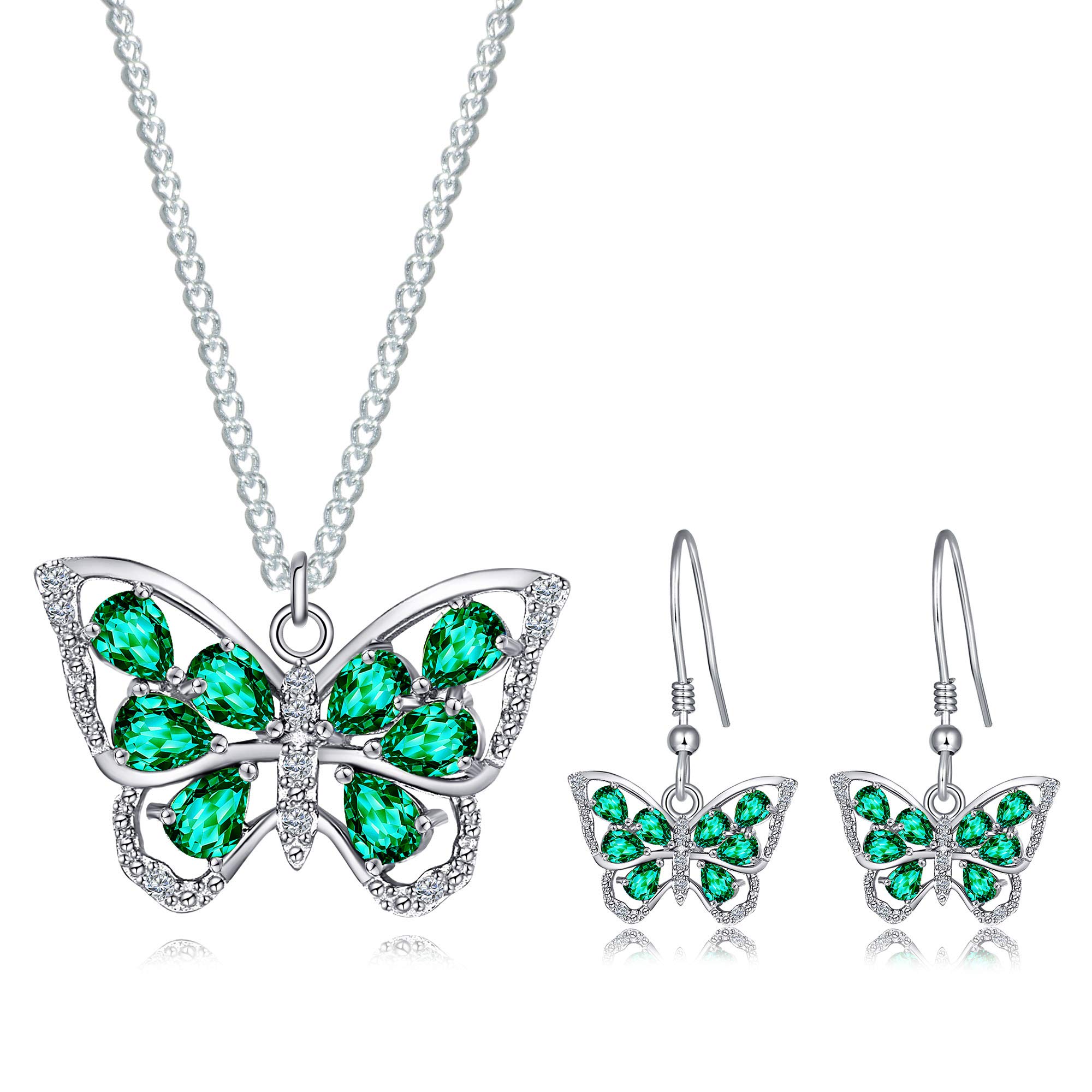 925 Sterling Silver Morpho Monarch Green Butterfly Pendant Necklace & Earrings Set - Elegant Jewelry Gift for Women, Perfect for Parties, Weddings & Special Occasions