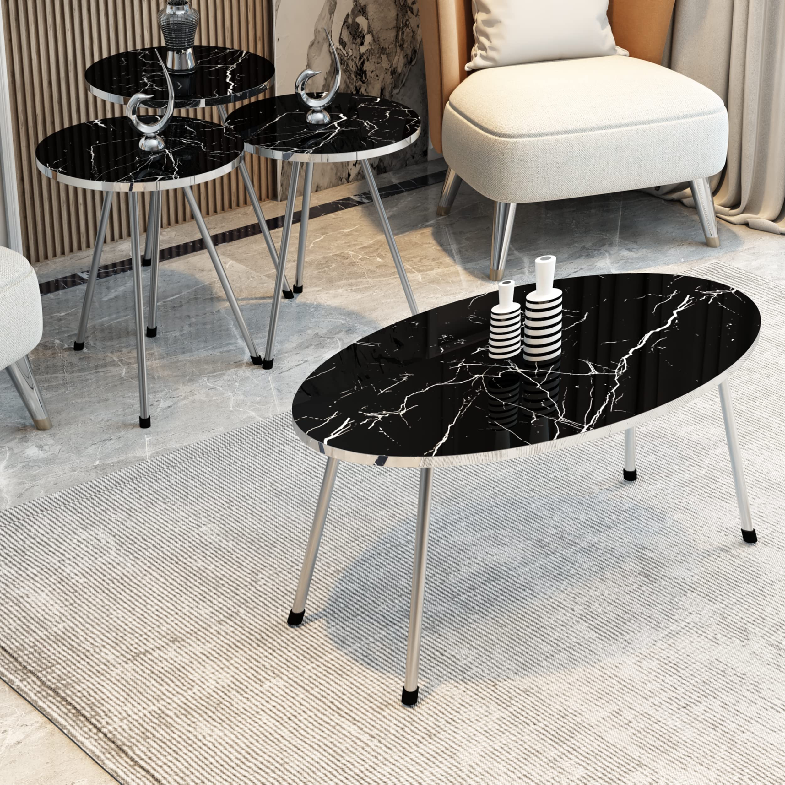 4 Piece Living Room Table Set - 1 Coffee Table & 3 Nesting Tables, No-Tools Assembly, Black Marble/Gray Finish, Ellipse Coffee Table with Round Side Tables - Perfect for Small Spaces, Apartment Decor & Modern Home Furniture