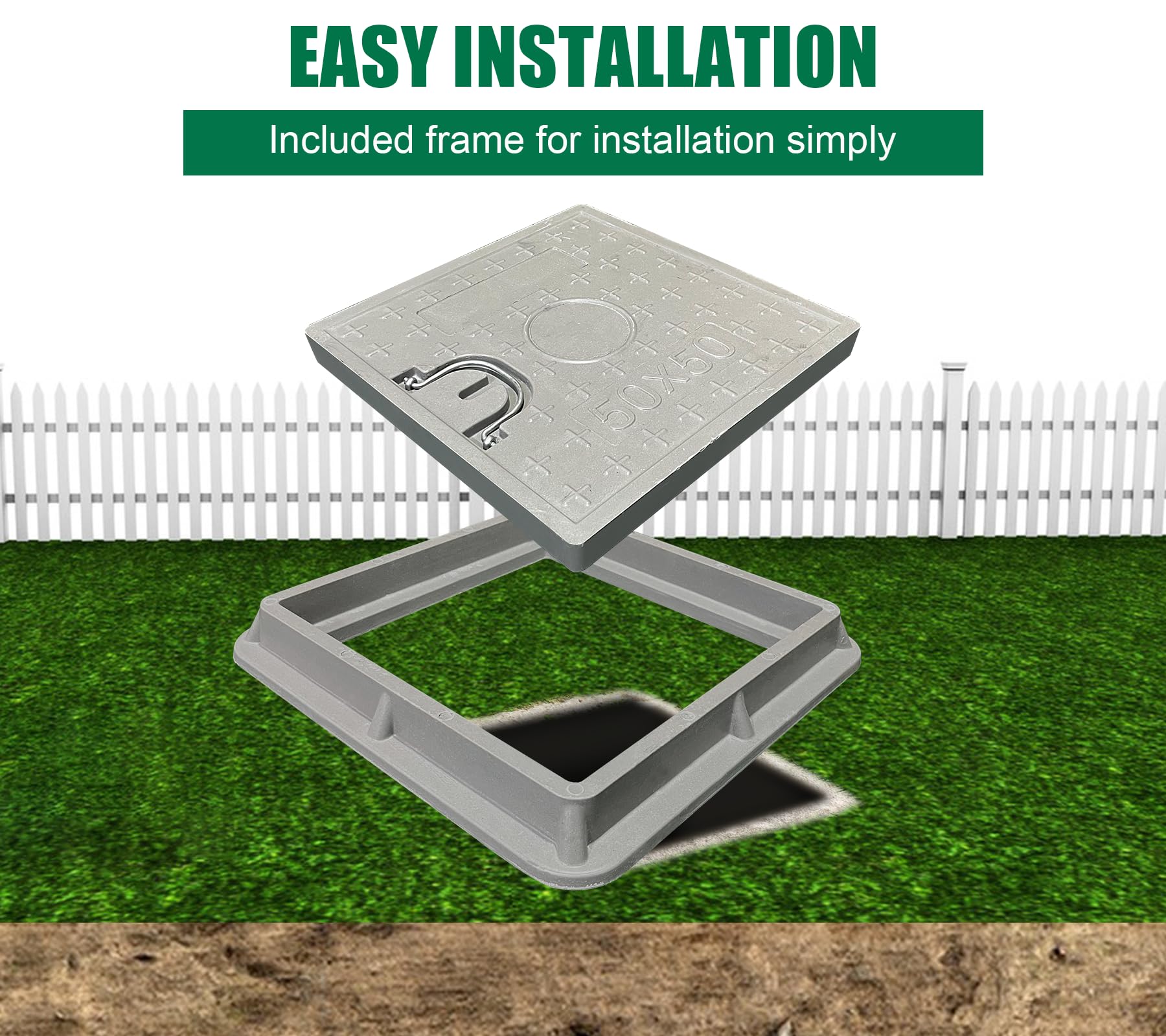 16x16 Inch Square Fiberglass Sewer Cover with Steel Reinforcement - 14x14in Clear Opening, Non-Slip Flat Manhole Lid with Handle - Durable 20x20in Sewage Basin Cover for Storm Drains, Parking Lots & Utility Access