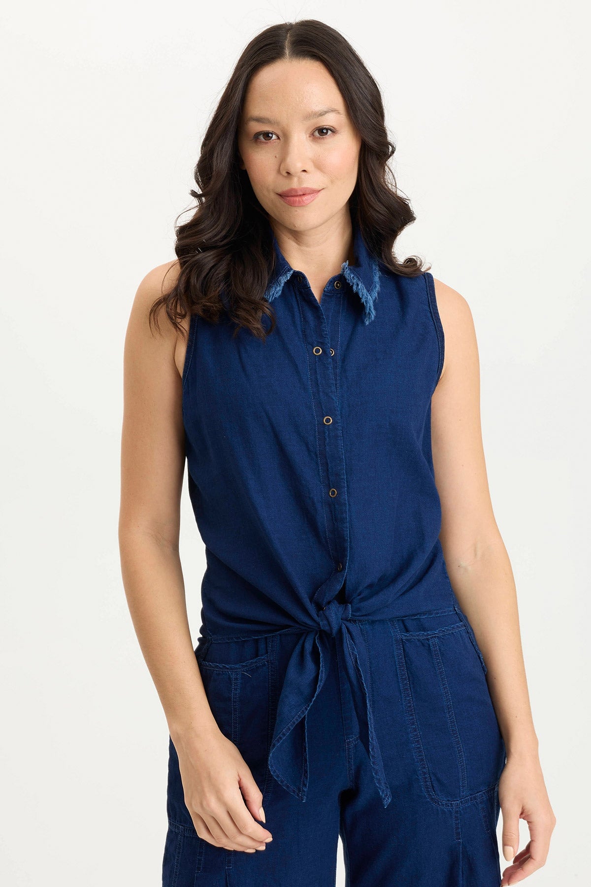Tague Indigo Twill Knotted High-Low Snap Up Tank Top for Women - Casual Summer Outfit, Beachwear, and Layering Staple