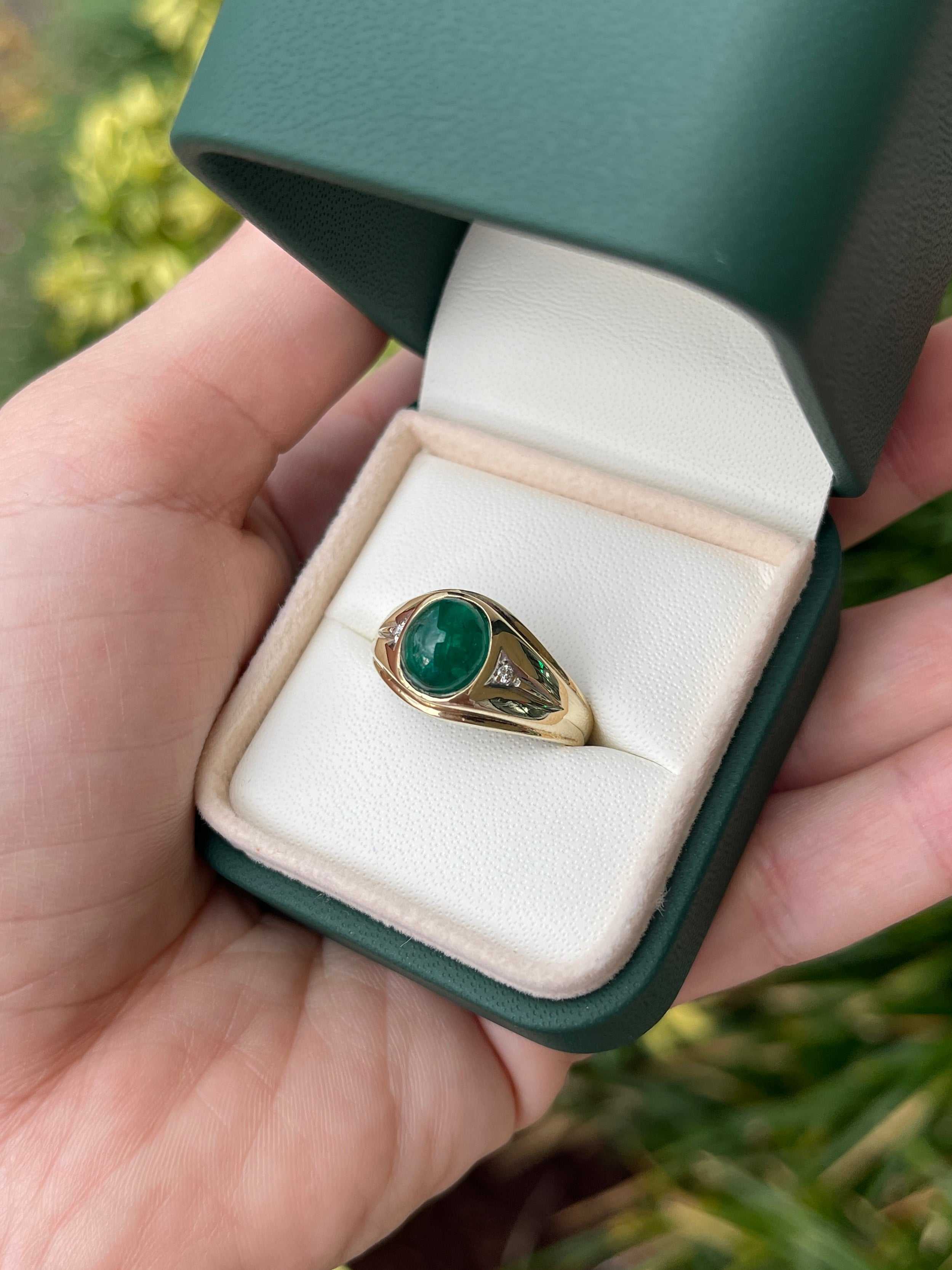 3.20tcw Natural Emerald Cabochon & Diamond Three Stone Men's Ring in 14K Gold - Perfect for Everyday Wear, Wedding Bands & Anniversary Gifts