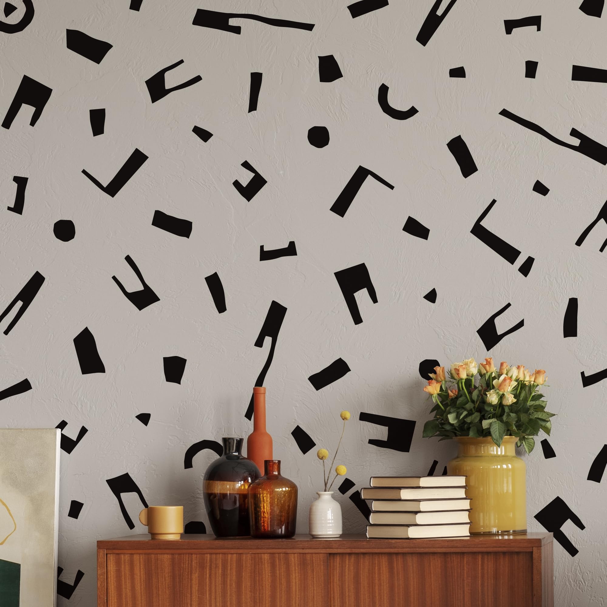 Modern Geometric Peel and Stick Black Vinyl Wall Decals - Abstract Minimalist Stone Block Wall Stickers for Living Room, Bathroom, Office & Home Decor - Easy DIY Wall Art for Cabinets, Stairs & Interior Design