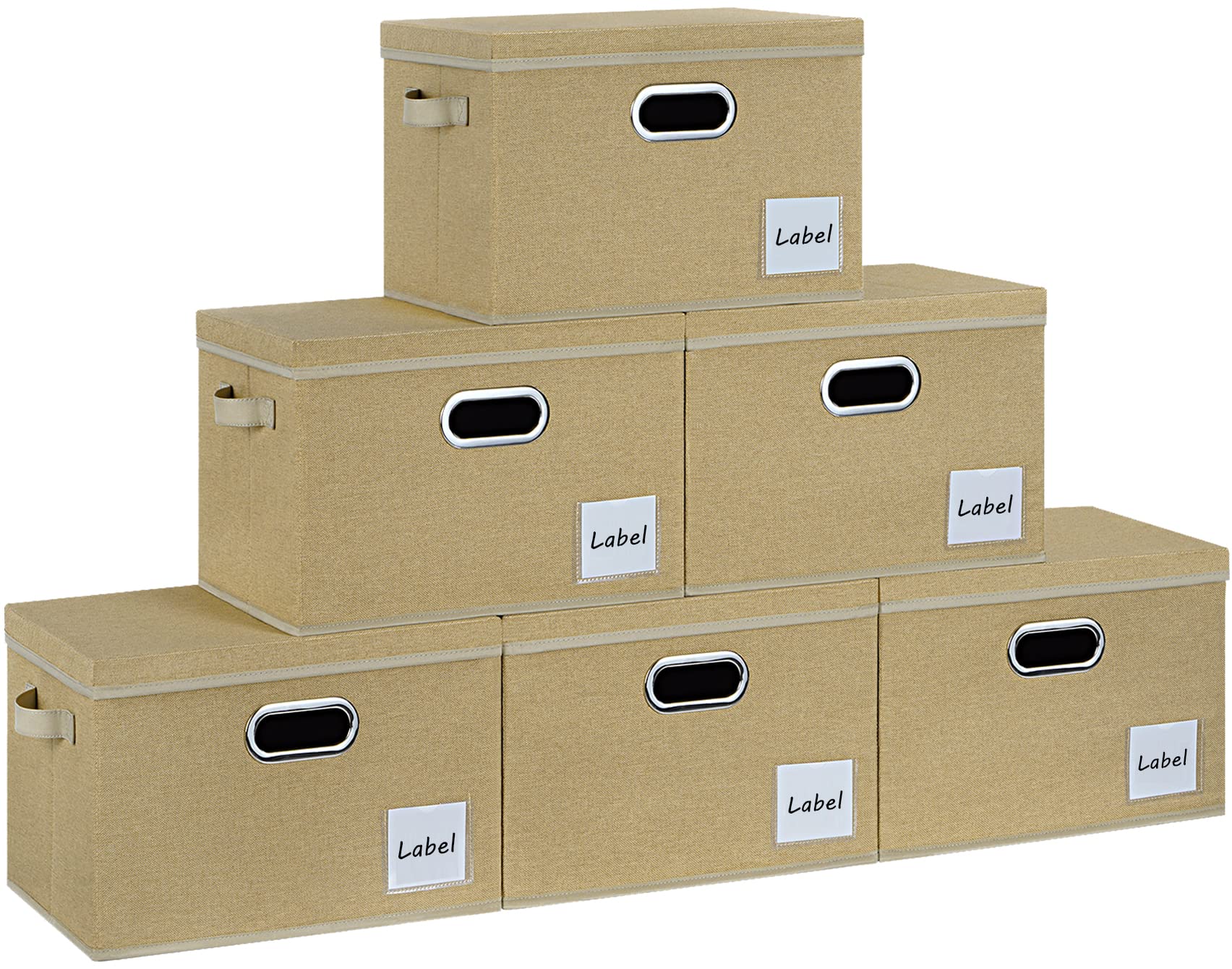 LHZK 6-Pack Large Foldable Fabric Storage Bins with Lids - Sturdy Linen Closet Organizers with Labels & 3 Handles for Shelves, Bedroom, Home Office - Perfect for Seasonal Clothes, Toys & Home Organization (Beige, Large)