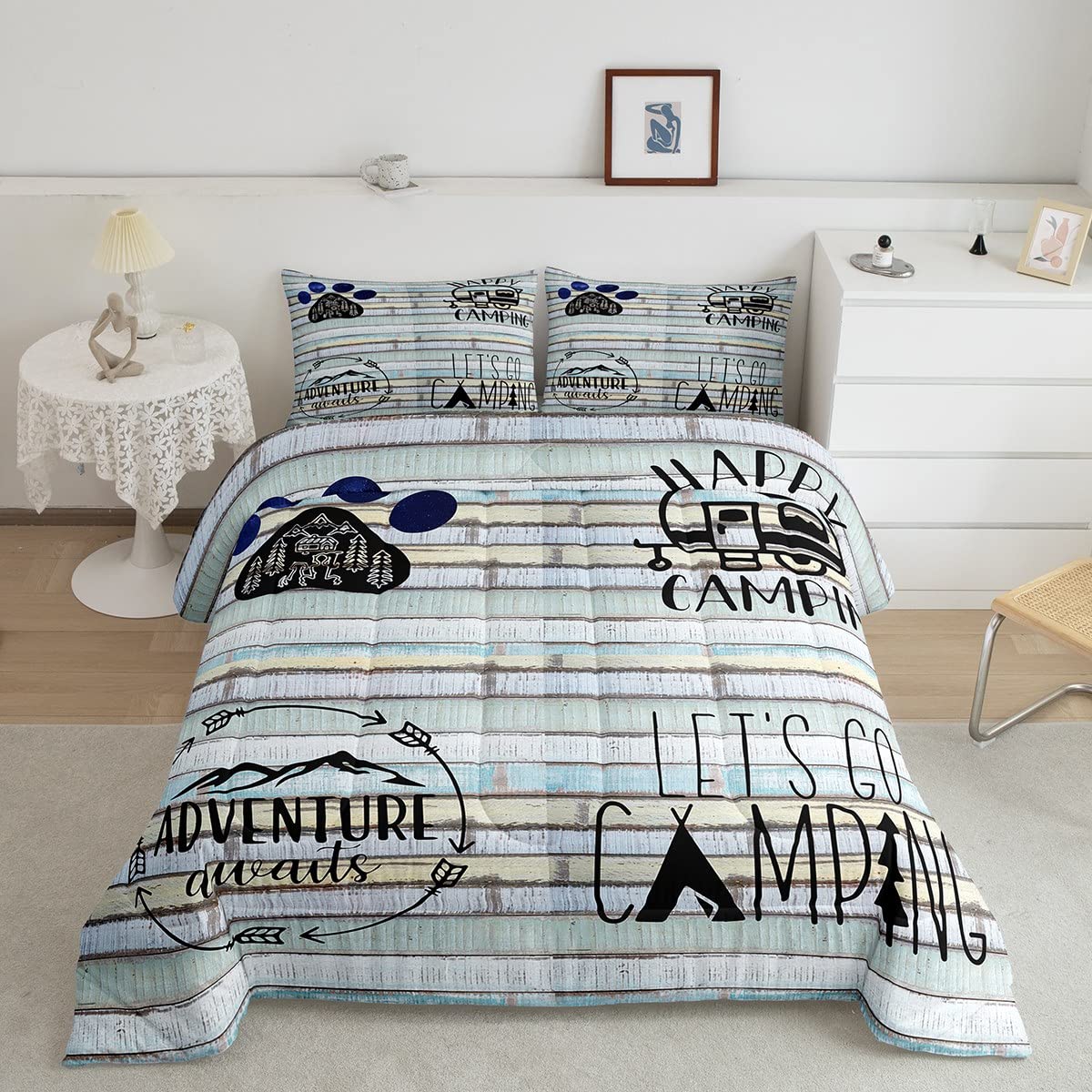 Happy Camping Comforter Set for Kids, Boys & Girls - Vintage Wooden Style Breathable Duvet Cover, Queen Size - Perfect for RV Camping, Bedroom Decor & Cozy Sleepovers