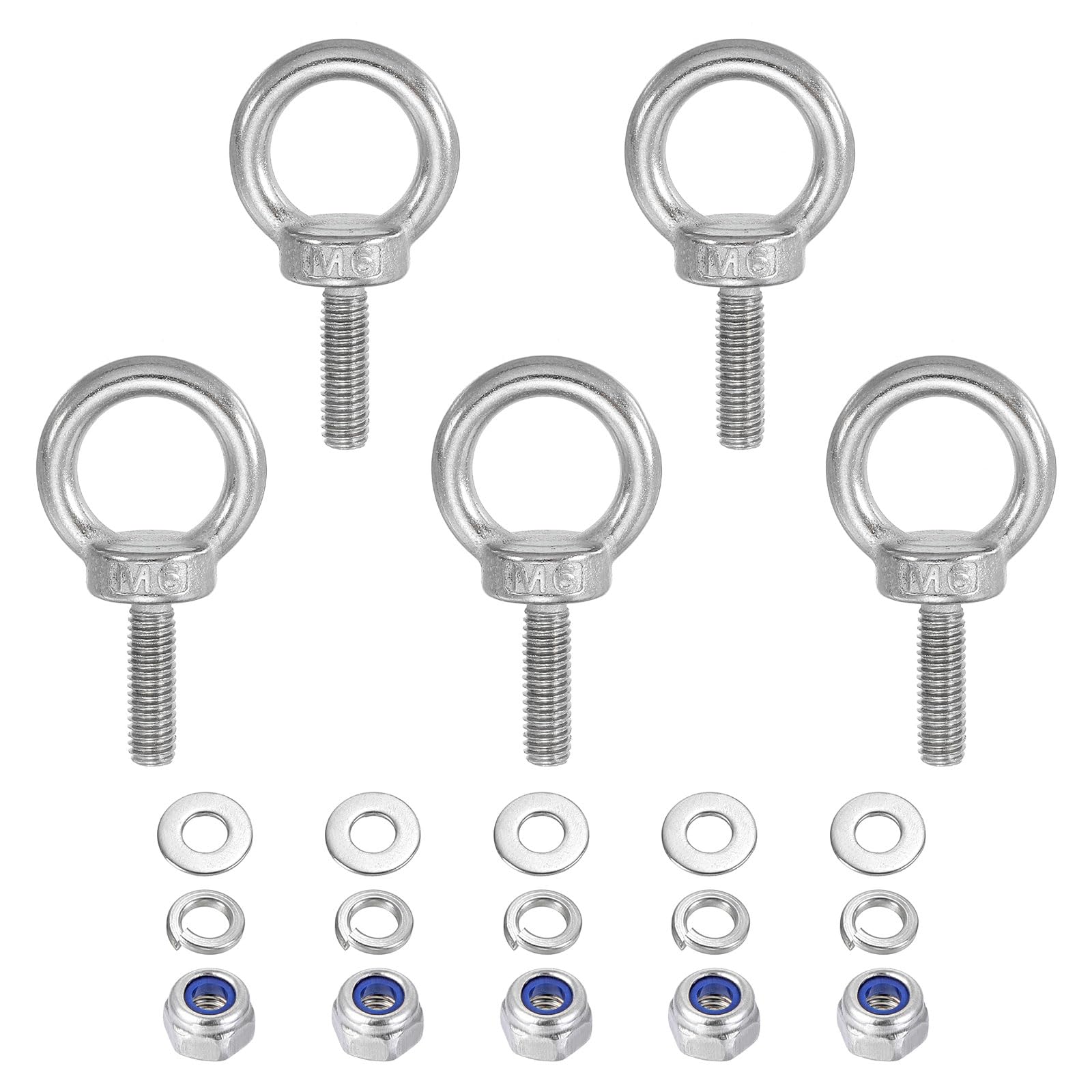 PATIKIL 5Pcs M6 x 20mm 304 Stainless Steel Lifting Shoulder Eye Bolt with Nuts & Washers - Heavy Duty Threaded Eyebolt for Hanging Hammocks, Outdoor Gear, Marine Equipment & Industrial Use
