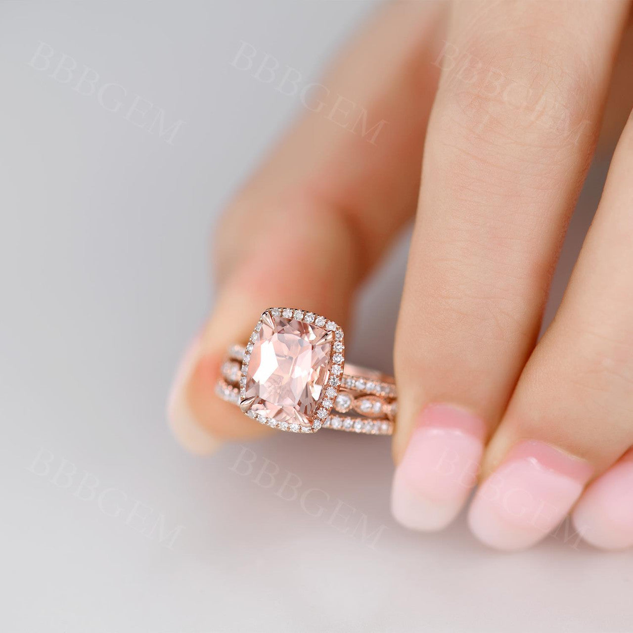 10x8mm Cushion Cut Natural Morganite Engagement Ring Set - 3 Piece Wedding Band Collection for Brides, Promise Rings & Anniversary Gifts | Perfect for Proposals, Valentine's Day & Special Occasions