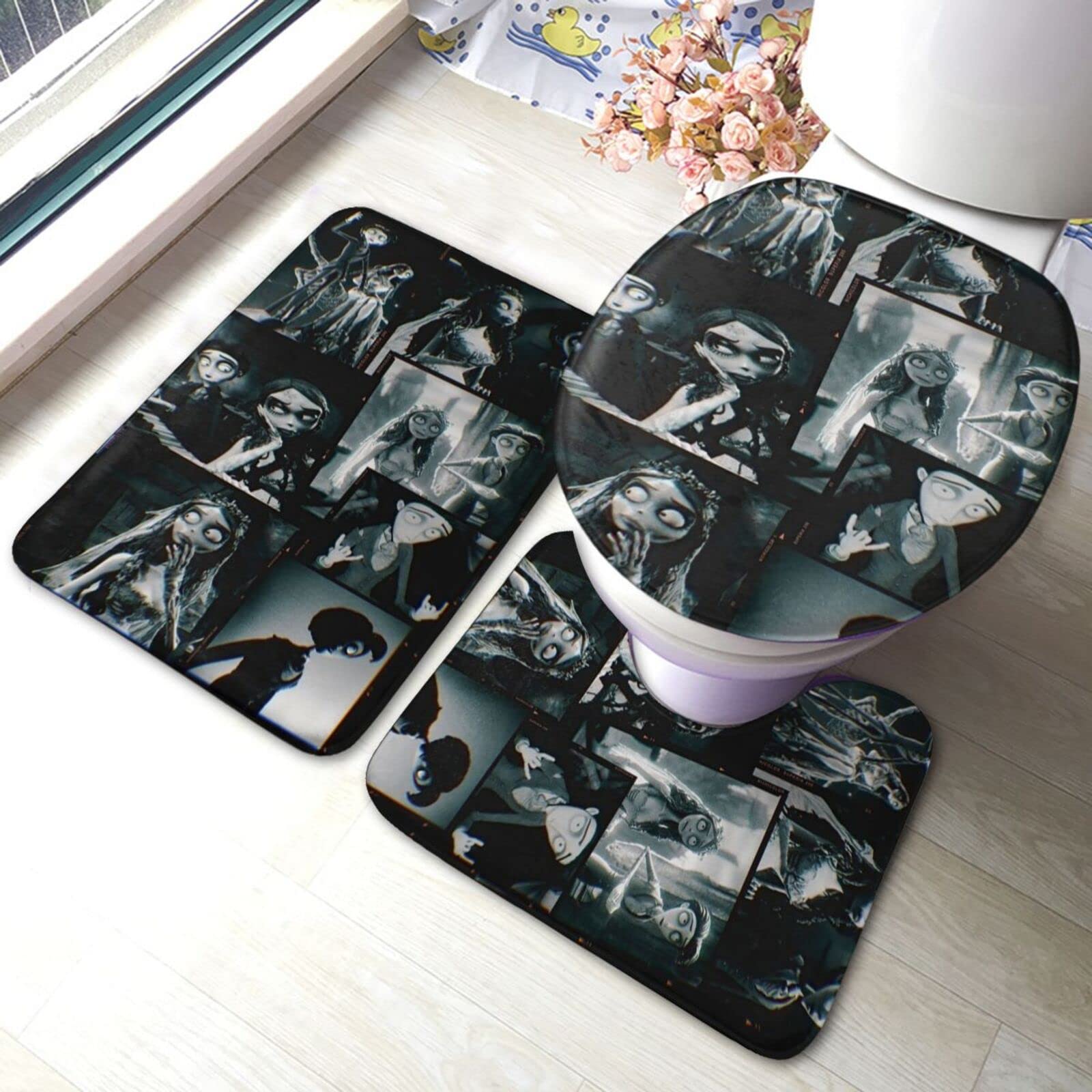Corpse Bride Anime Bathroom Carpet Set - 3 Piece Anti-Slip Bath Mat Rug with U-Shaped Pad & Toilet Cover - Gothic Decor for Anime Fans & Halloween Bathroom Accessories