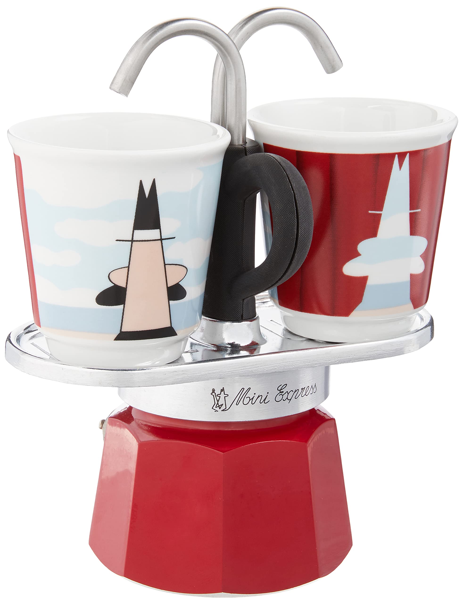 Bialetti Mini Express Magritte 2-Cup Moka Pot Coffee Maker with 2 Shot Glasses - 2.8 Oz Aluminum Stovetop Espresso Maker for Home & Office, Red - Perfect for Espresso Lovers & Small Kitchens