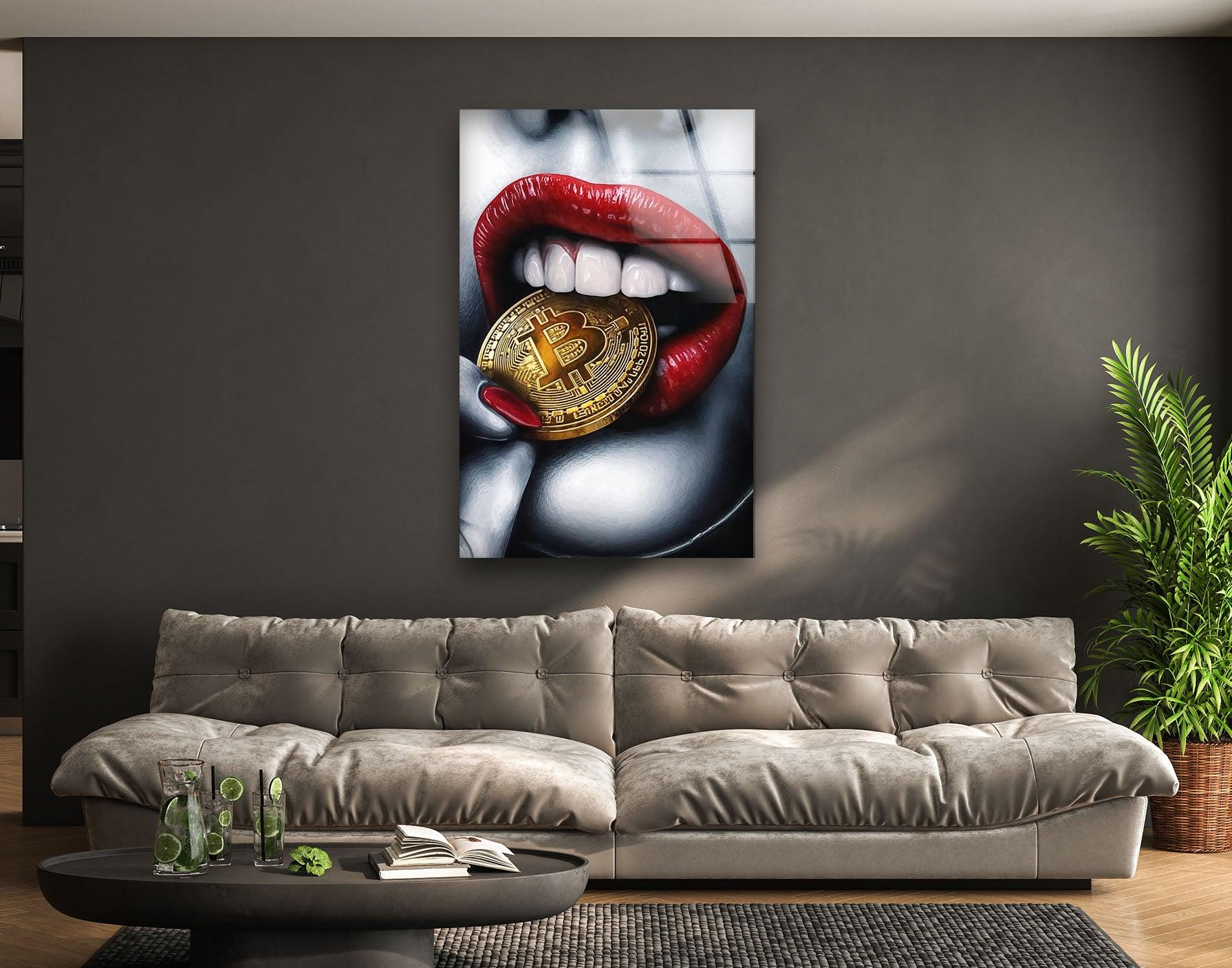 Bitcoin & Red Lips Glass Wall Art - Modern Crypto Themed Home Decor for Living Room, Bedroom or Office - Unique Gift Idea for Bitcoin Enthusiasts