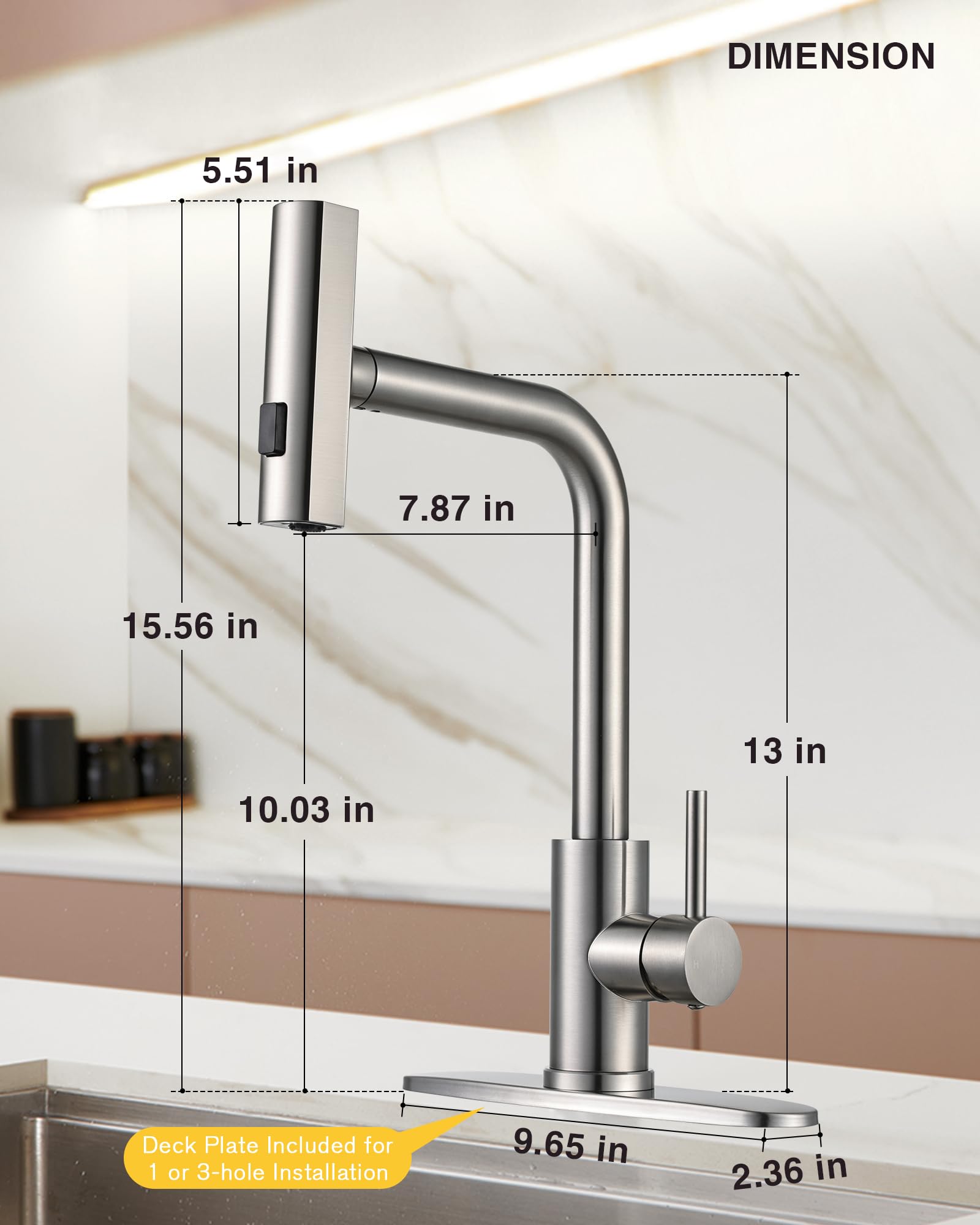 Peppermint Waterfall Kitchen Faucet with Pull Down Sprayer - Single Handle Stainless Steel Sink Faucet - 3 Function Brushed Nickel RV Faucet for Kitchen & RV Use - Perfect for Modern Homes & Campers