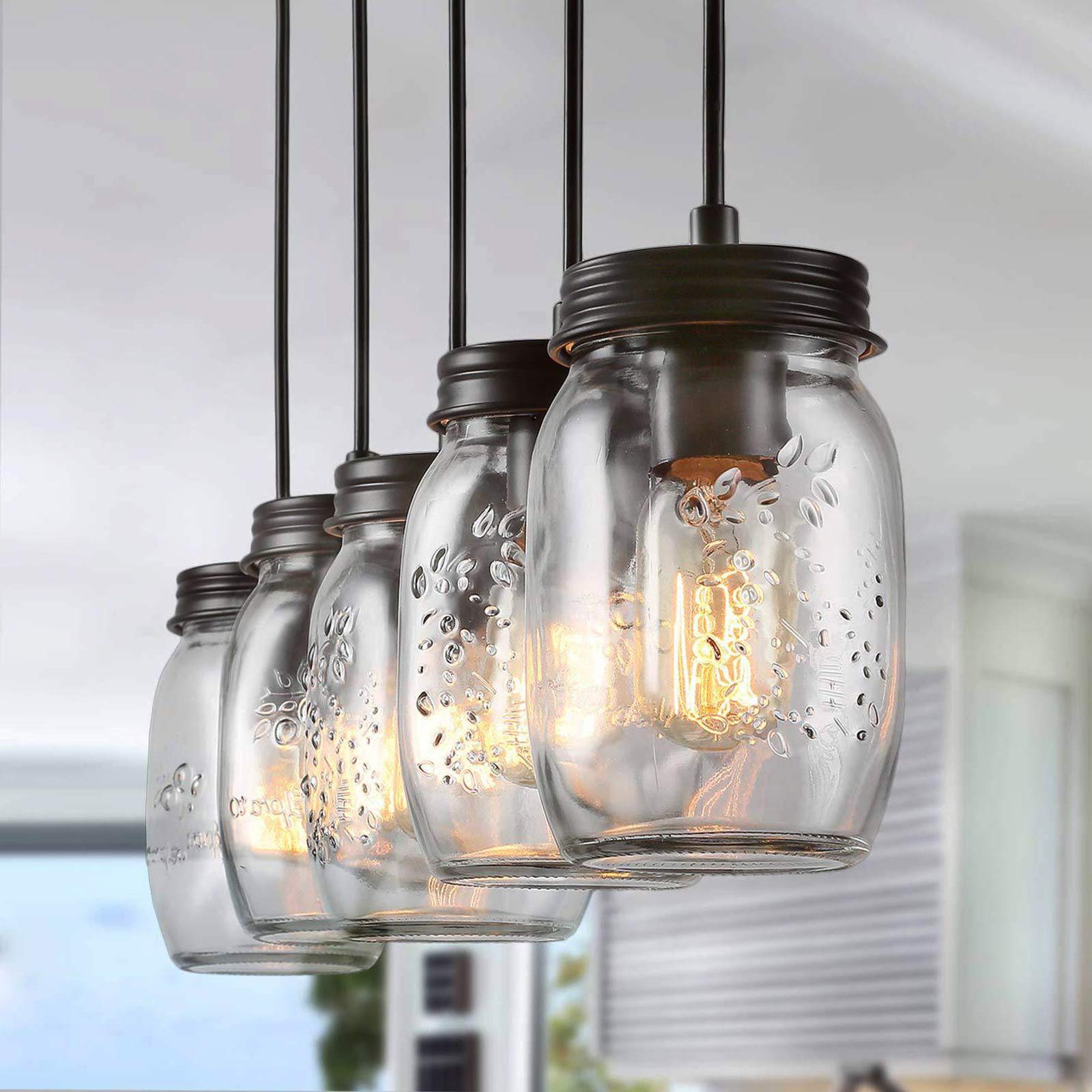 LOYALHEARTDY 5-Light Glass Mason Jar Ceiling Light Fixture - Flush Mount Kitchen Island Pendant Lighting for Kitchen, Living Room, Dining Room, Hallway, Office, Foyer, Bar - E27 Base - Rustic Farmhouse Decor for Home & Commercial Spaces