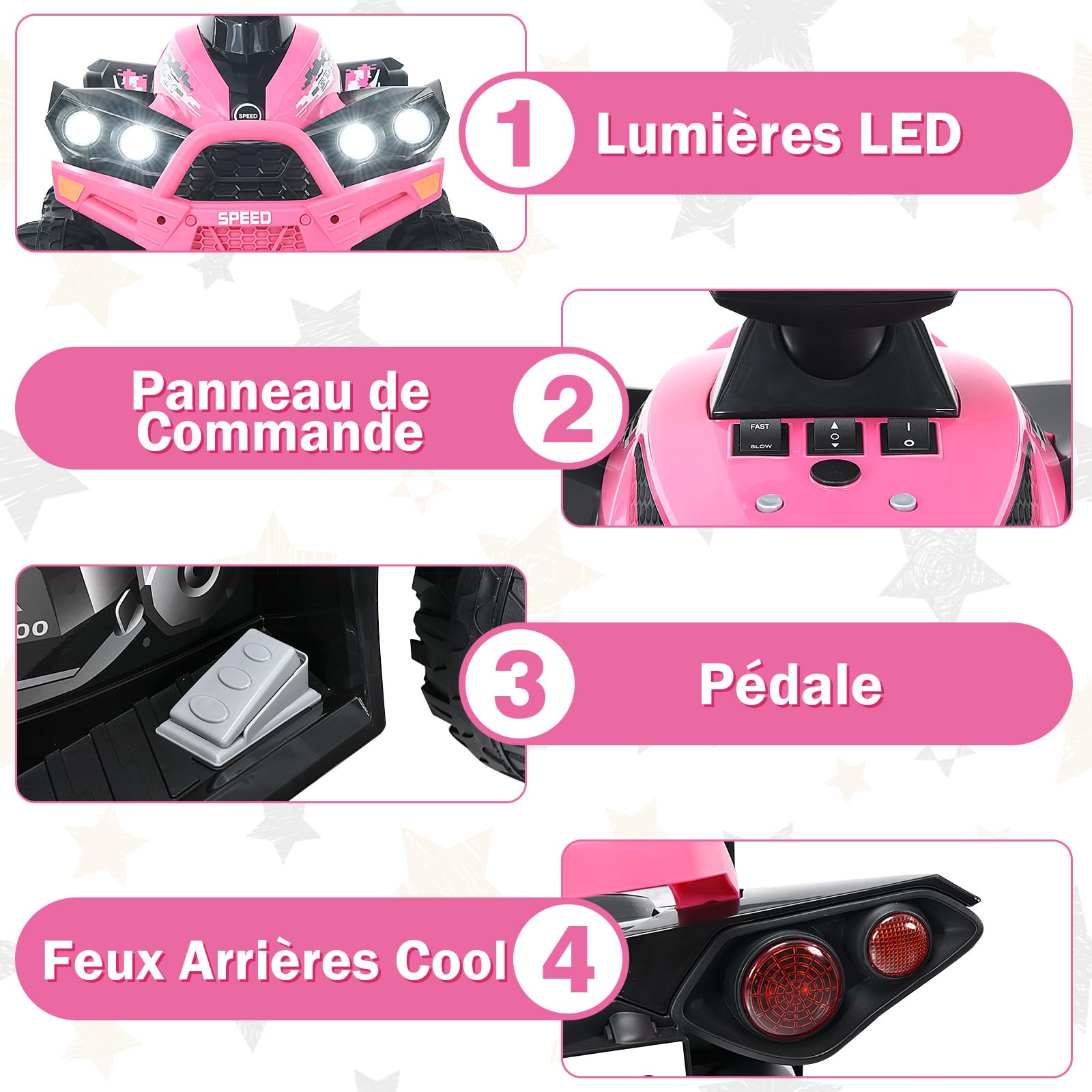 DREAMADE 12V Kids Electric ATV Quad Bike - Adjustable Speed, Forward/Reverse, LED Lights, Music, Horn & Pedal - 35kg Capacity Pink Ride-On Car for Boys & Girls - Perfect for Backyard Play, Birthday Gifts & Outdoor Adventures