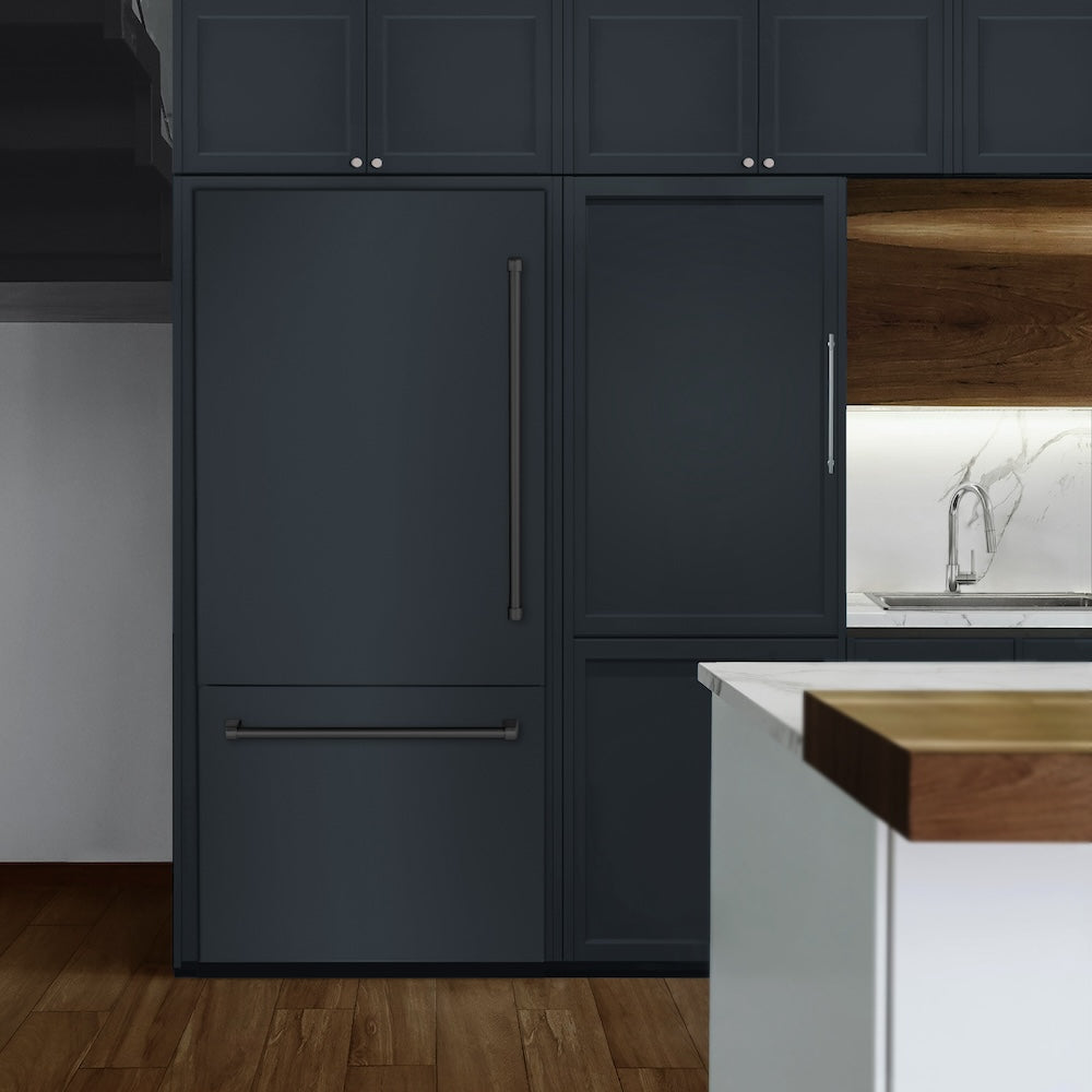 ZLINE Autograph Edition 36 Inch Built-In Bottom Freezer Refrigerator - 19.8 cu. ft. Capacity, Panel Ready, Water Dispenser & Ice Maker, Graphite Gray Interior with Matte Black Accents (GRBITZ 36 MB) - Perfect for Modern Kitchens, Open Concept Homes & Luxury Appliances