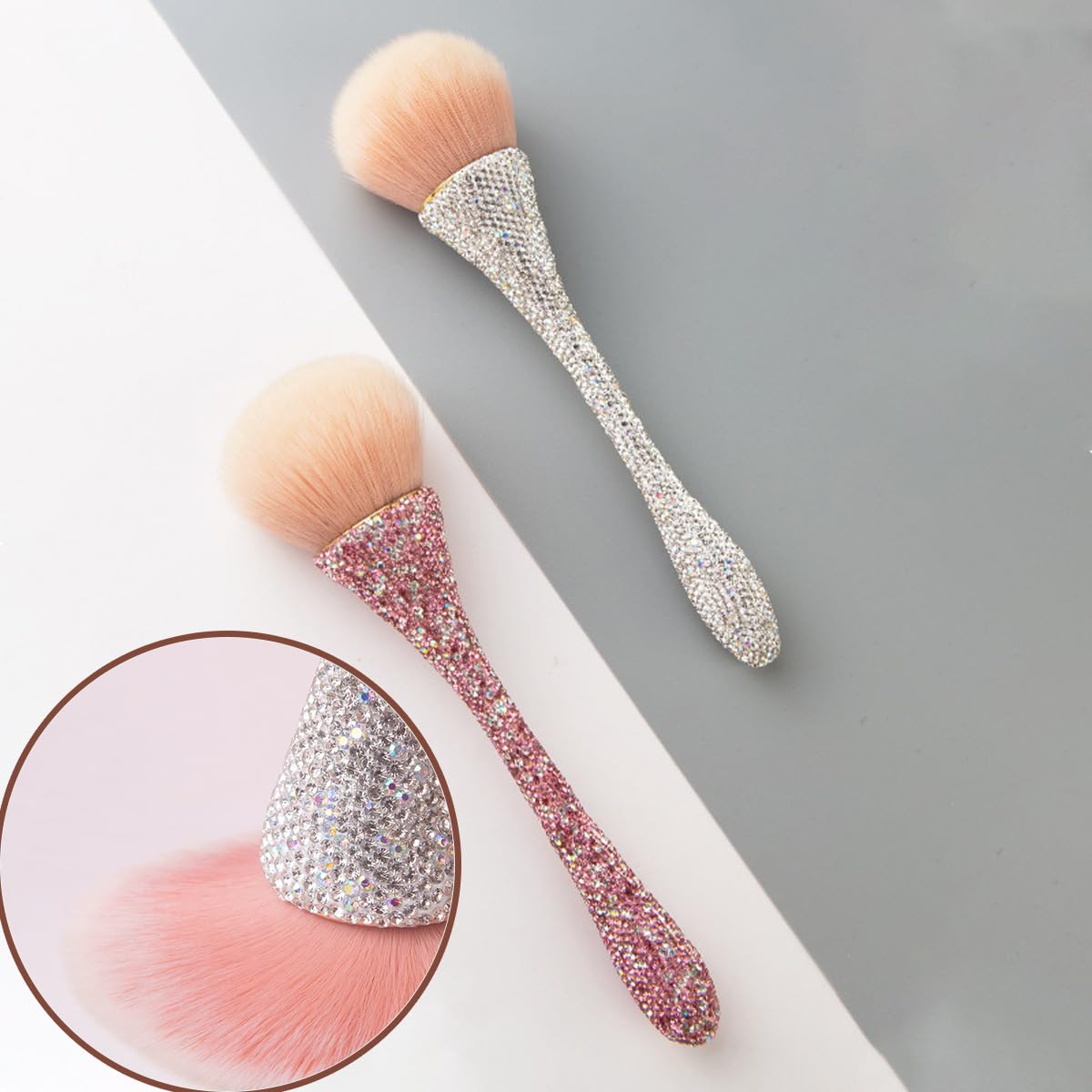 2 PCS Ultra Soft Nylon Nail Art Dust Brush - Shiny Rhinestone Nail Brush & Makeup Brush for Professional Nail Cleaning, Dust Removal, and Nail Art Design - Perfect for Salon, Home Manicure, and DIY Nail Art Enthusiasts