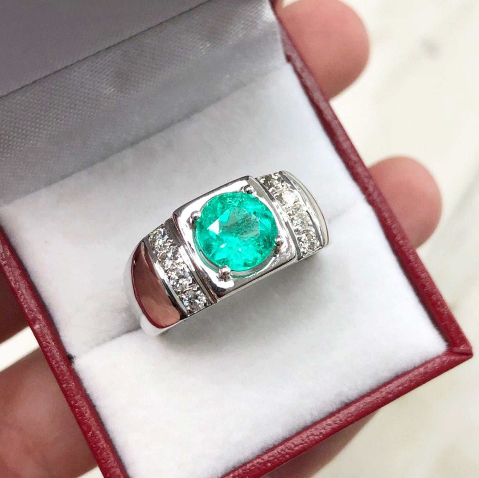 3.10tcw Round Colombian Emerald & Diamond Men's Ring for Wedding, Engagement, Anniversary - Luxury Handmade Jewelry Gift for Him