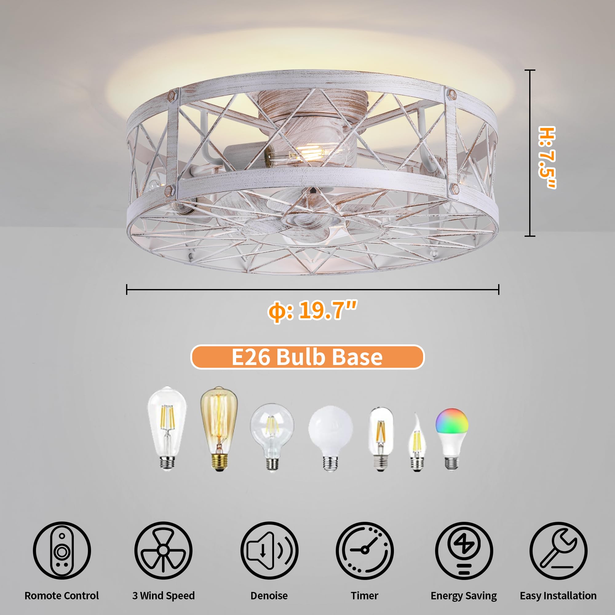 REDSTAR Retro Small Ceiling Fan with Light & Remote Control - Flush Mount Low Profile Caged Ceiling Fan for Bedroom, Living Room, Nursery - Energy Efficient Quiet Operation (White)